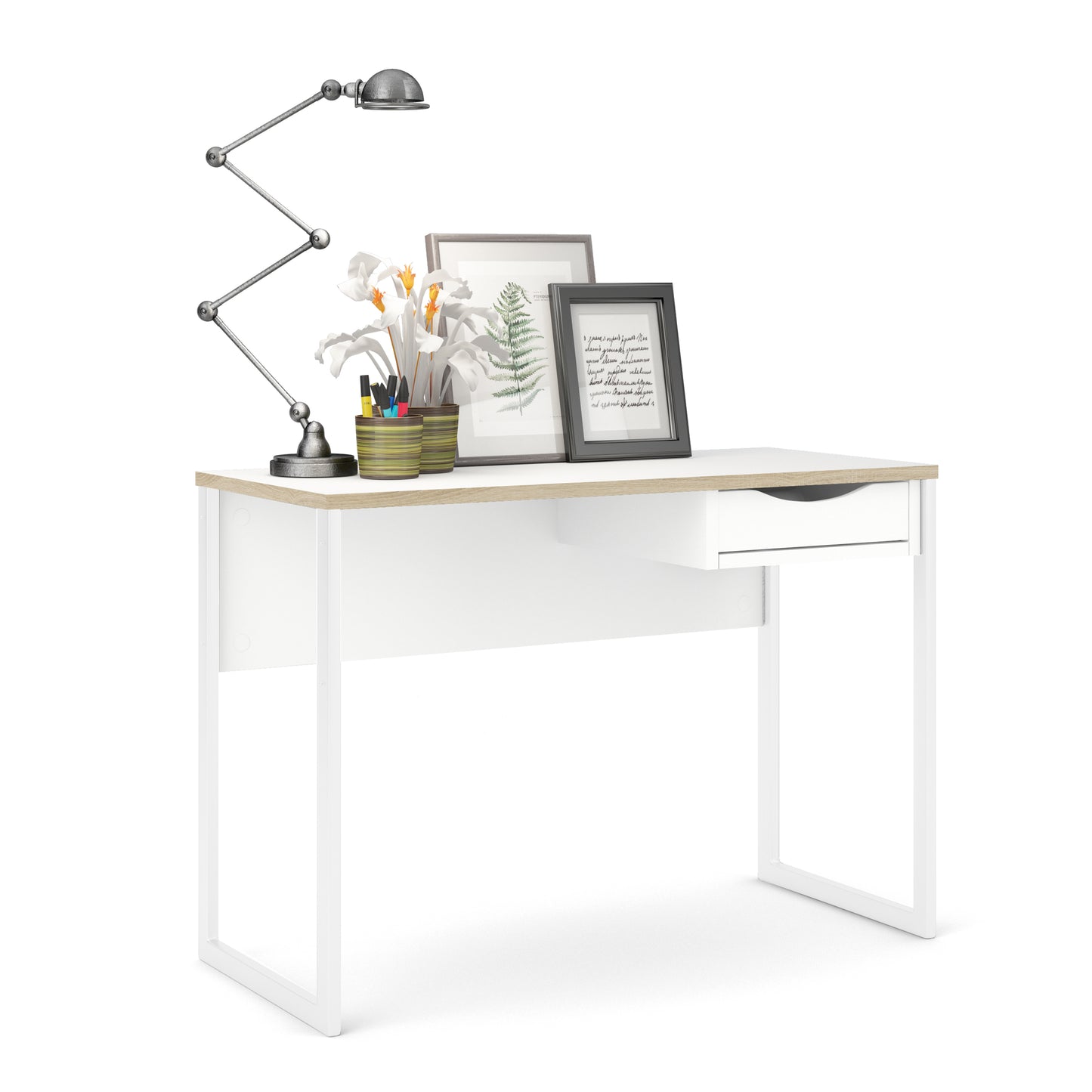 function plus desk 1 drawer in white with oak trim