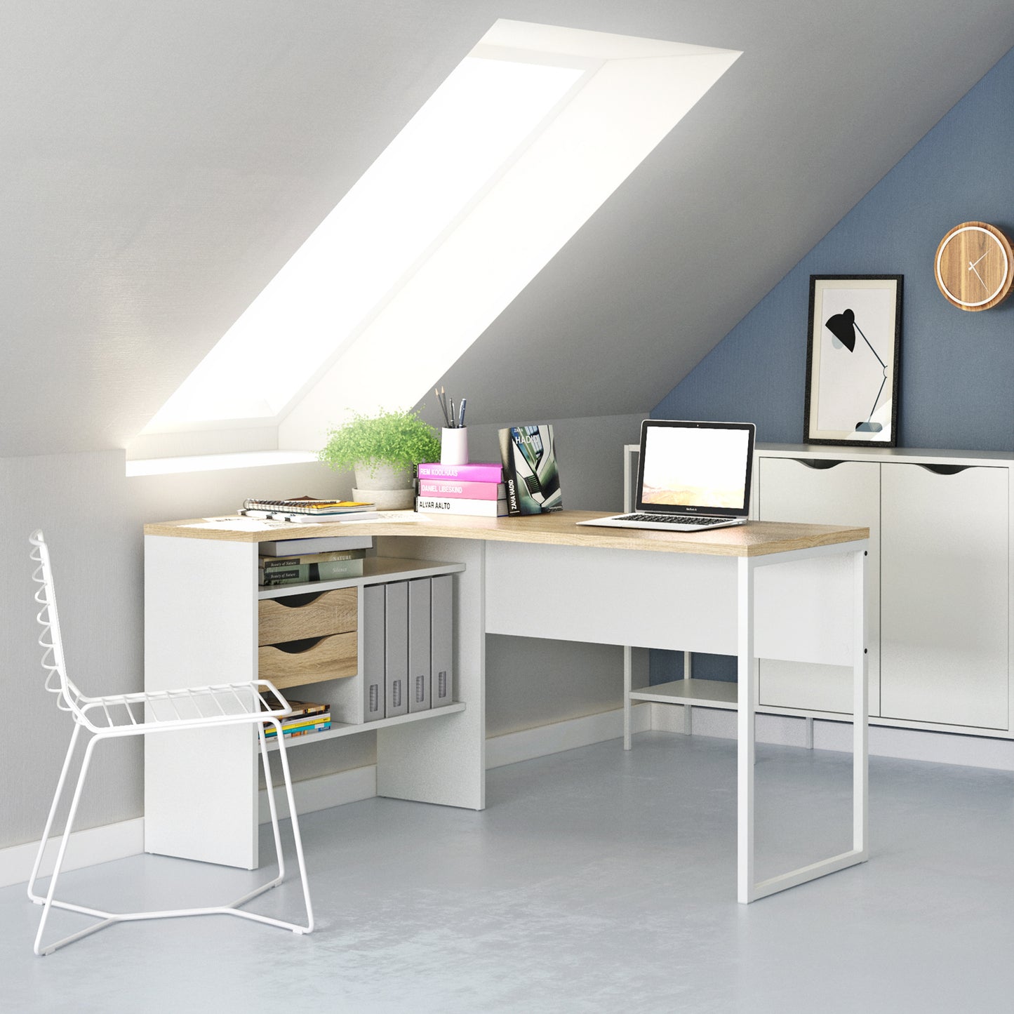 function plus corner desk 2 drawers in white and oak