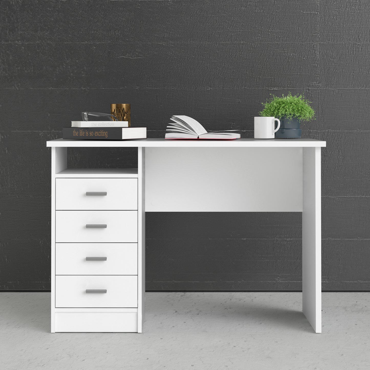 function plus 4 drawer desk in white