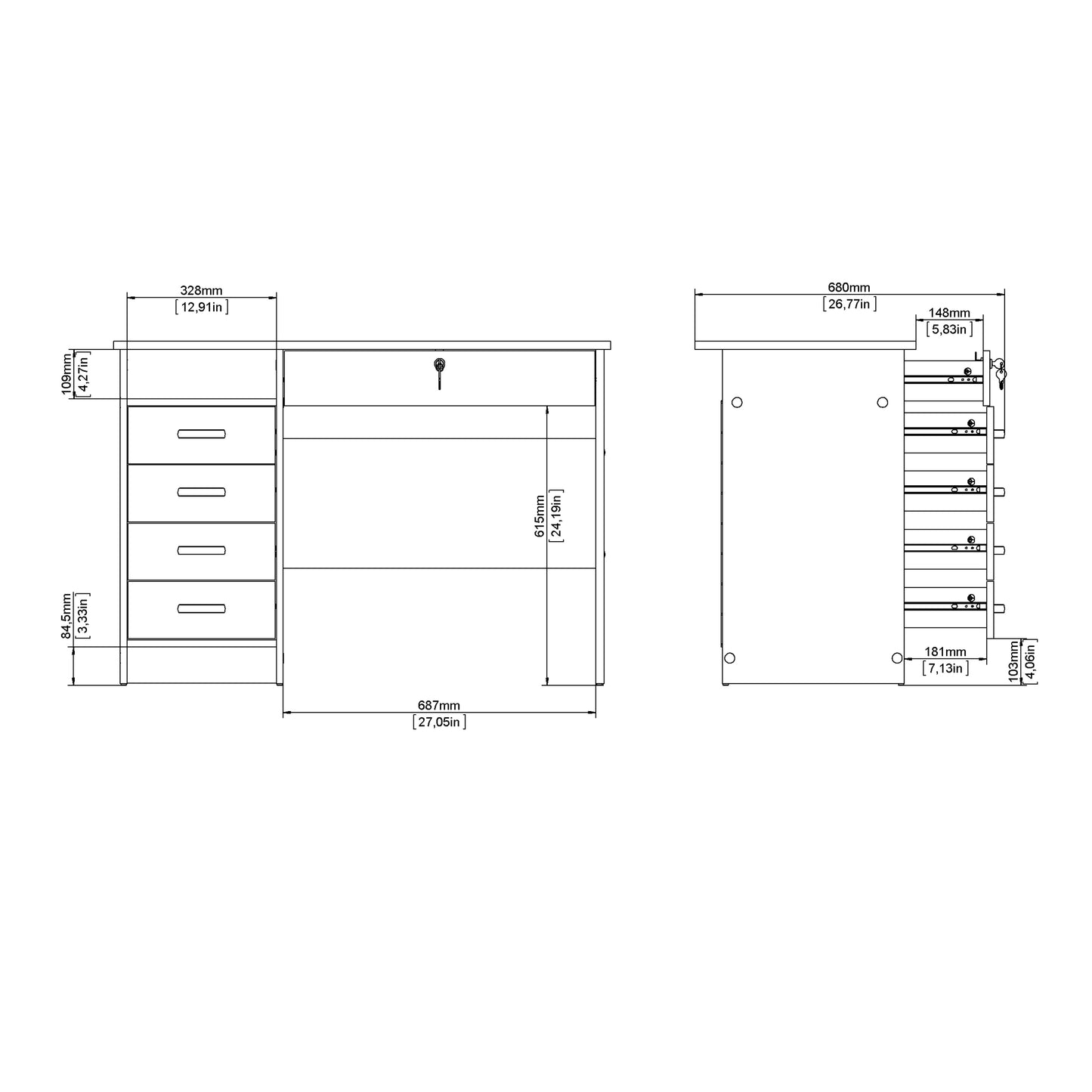 function plus desk 5 drawers in white