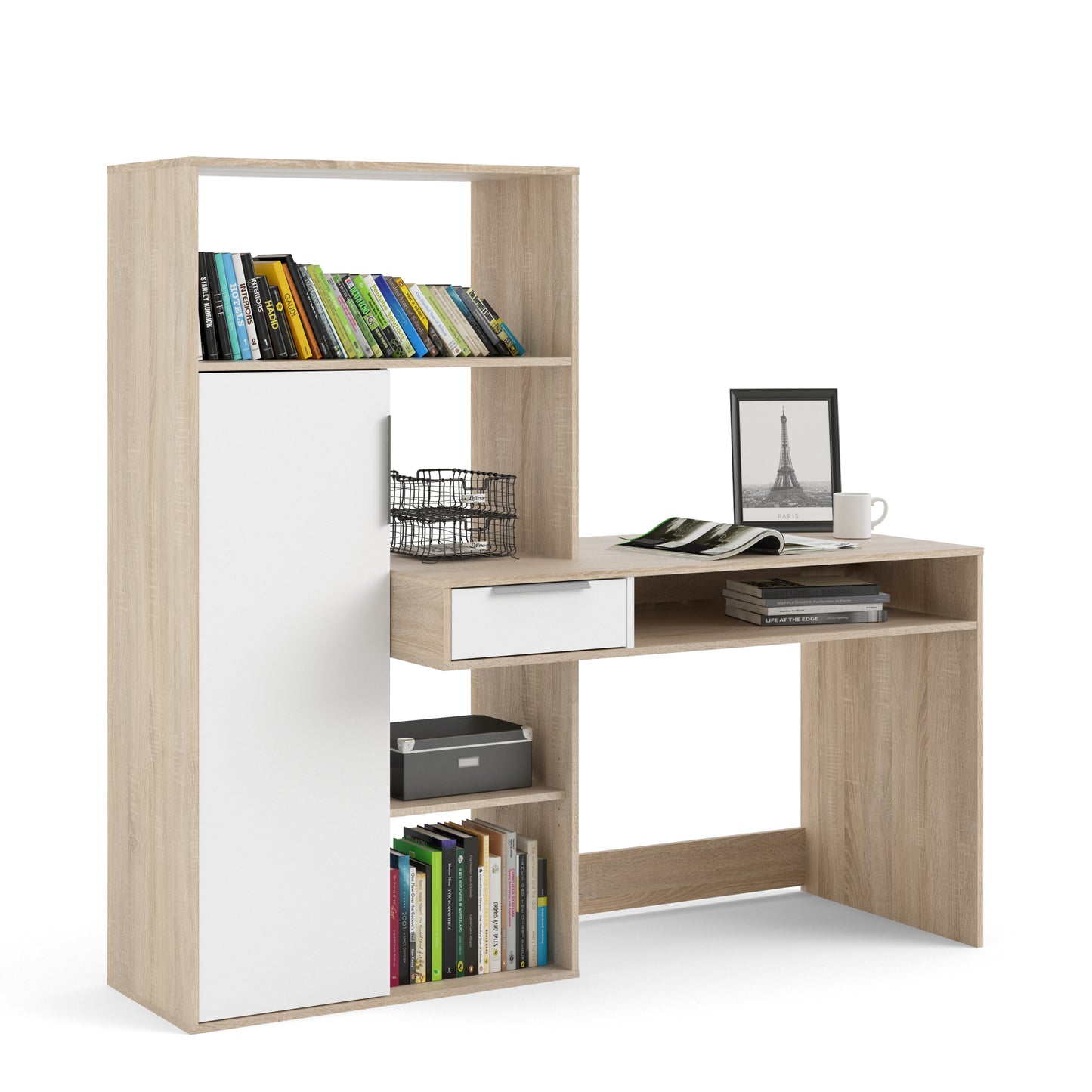 function plus desk multi functional desk with drawer and 1 door in white and oak
