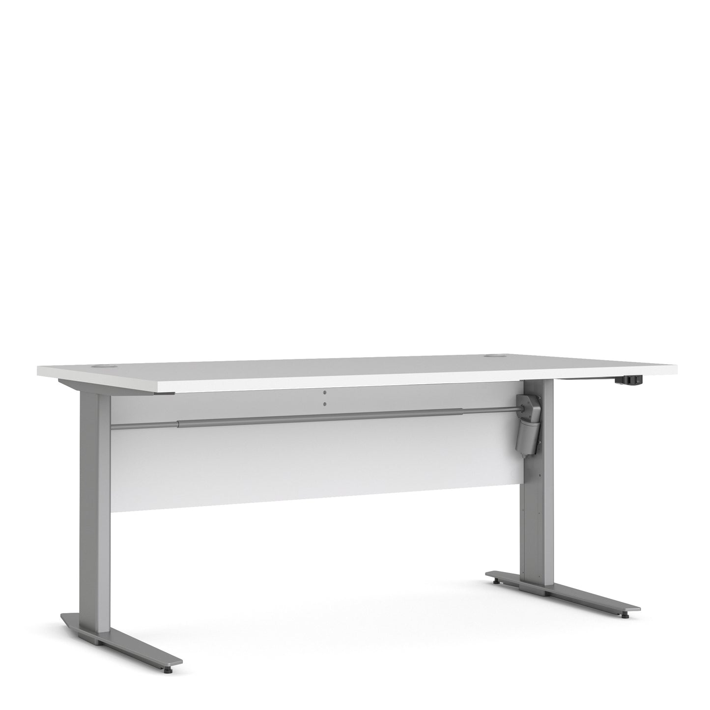 prima desk 150cm in white with height adjustable legs with electric control in silver grey steel