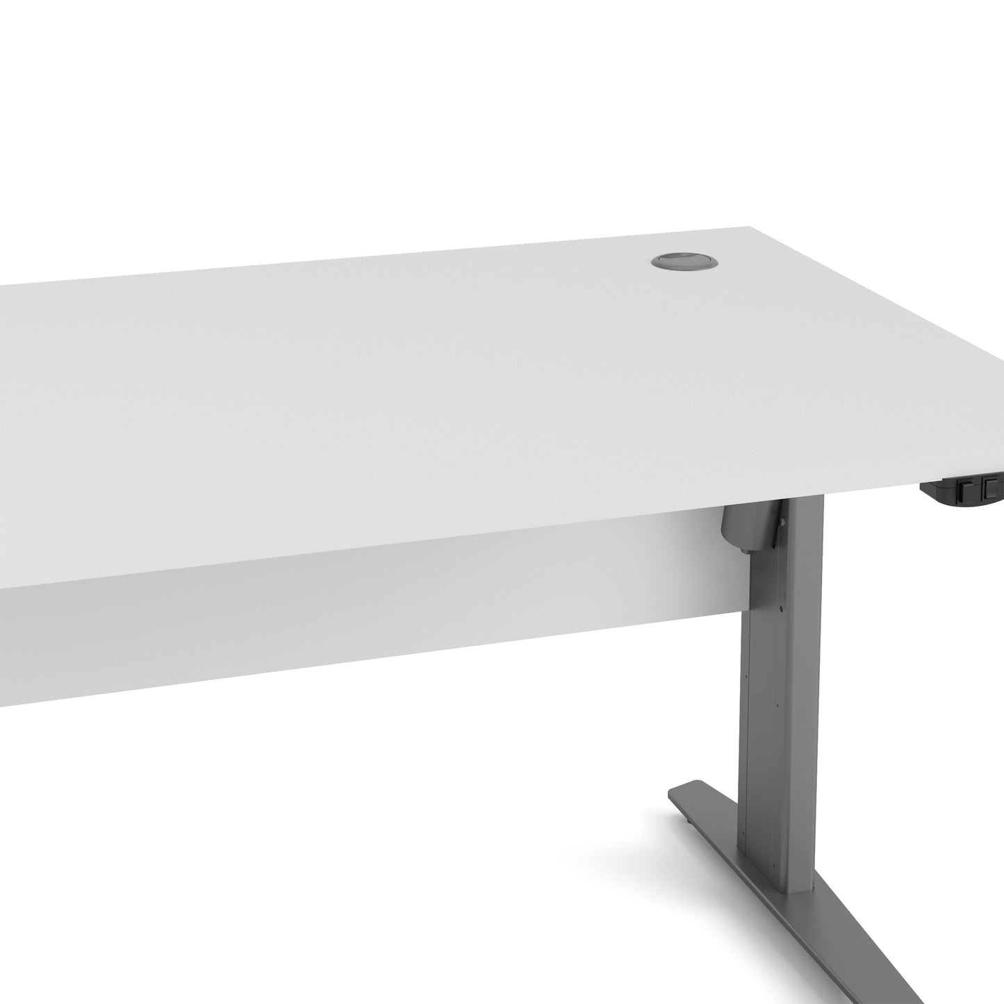 prima desk 150cm in white with height adjustable legs with electric control in silver grey steel