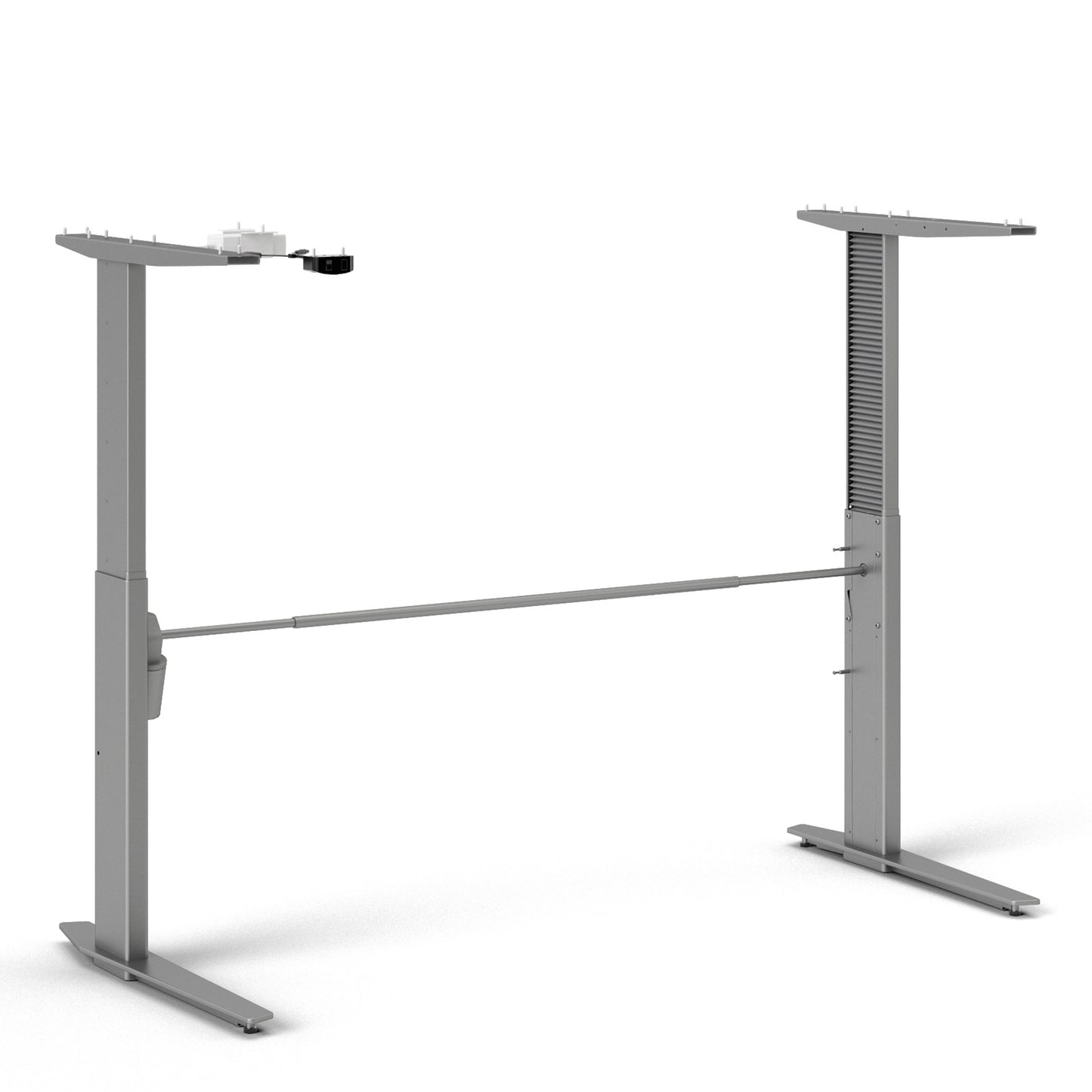 prima desk 150cm in white with height adjustable legs with electric control in silver grey steel