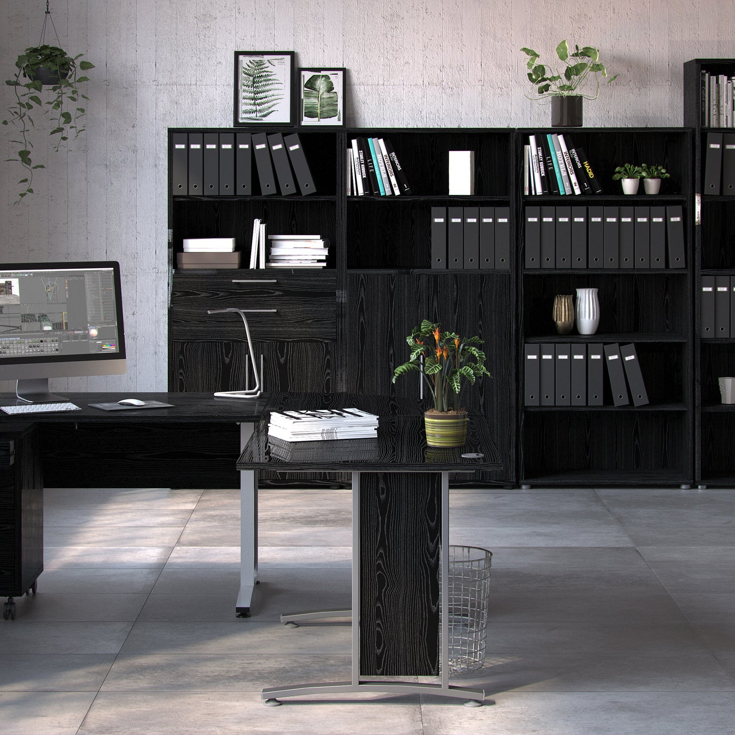 prima bookcase 2 shelves with 2 drawers and 2 doors in black woodgrain