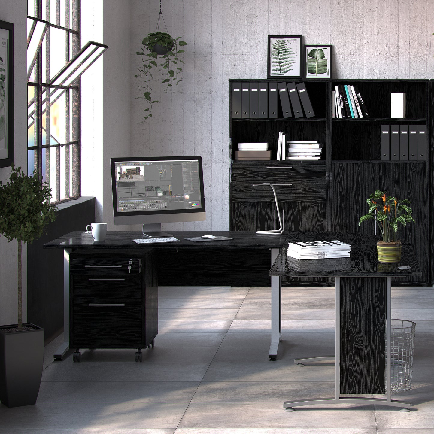 prima bookcase 1 shelf with 2 drawers 2 file drawers in black woodgrain