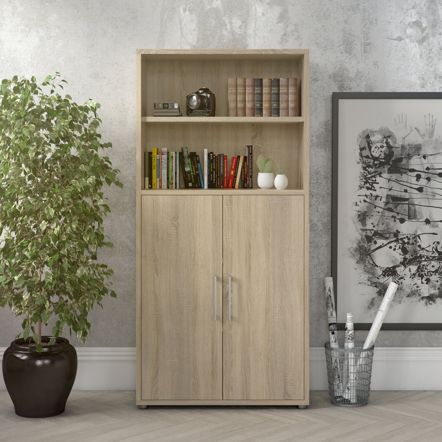 prima bookcase 3 shelves with 2 doors in oak