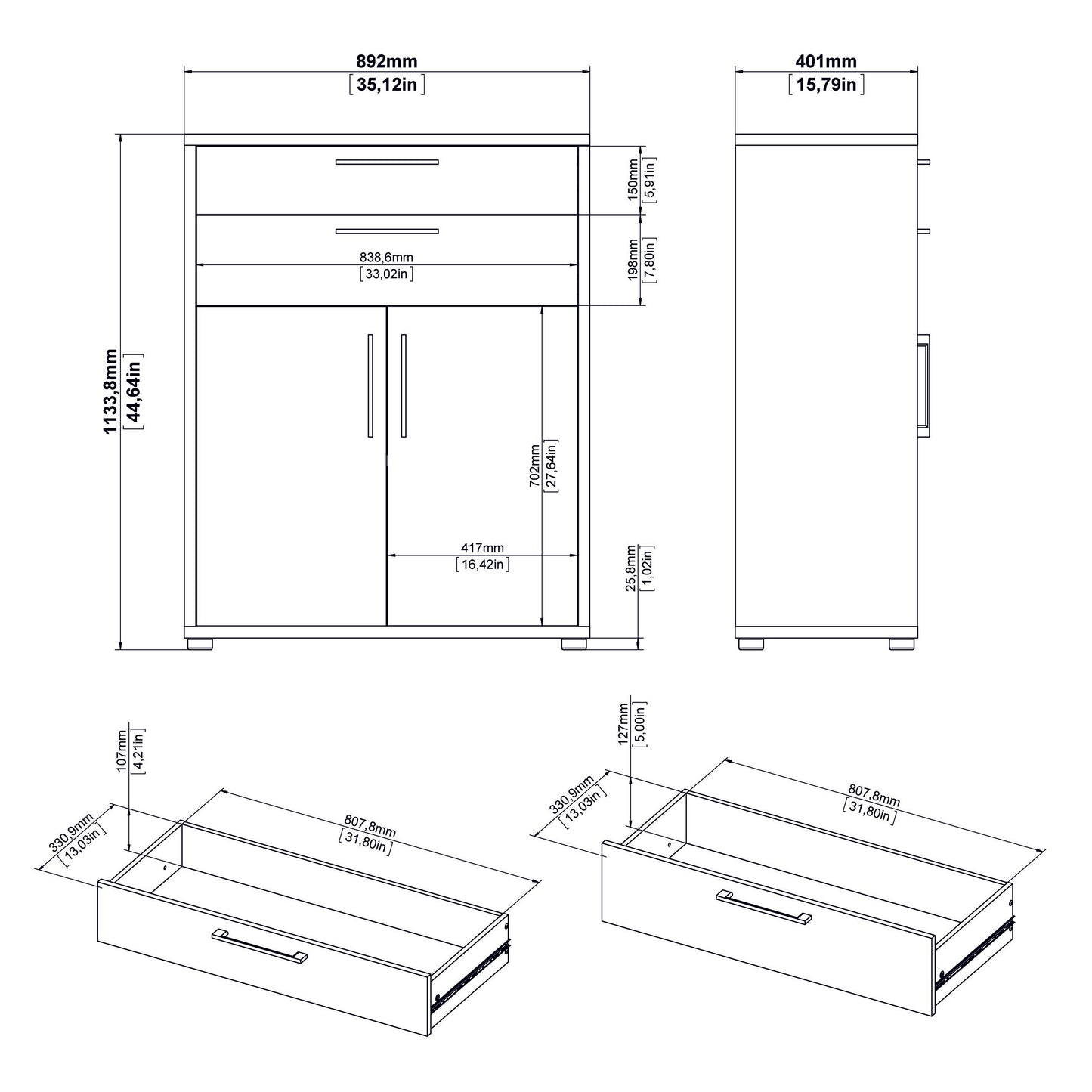 prima bookcase 3 shelves with 2 drawers 2 doors in white