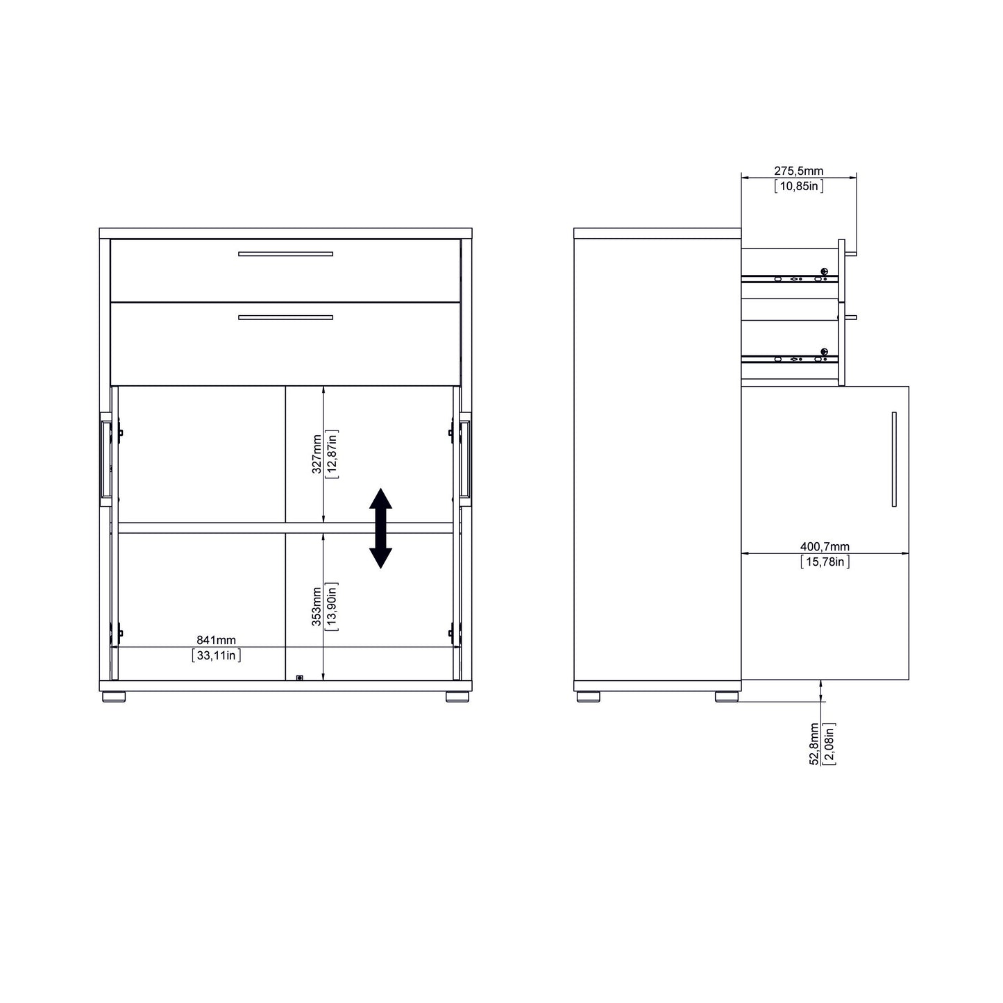 prima bookcase 3 shelves with 2 drawers 2 doors in white