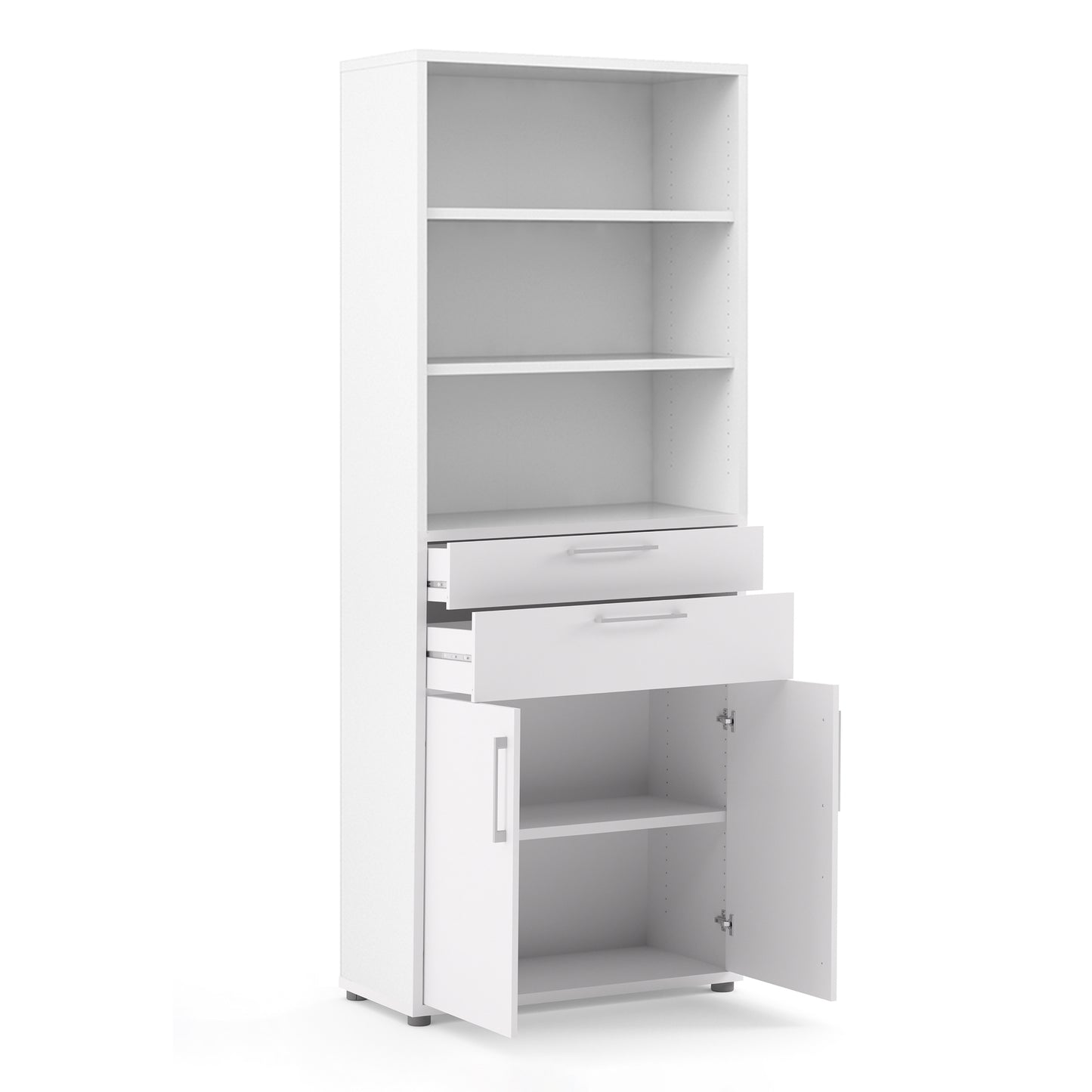 prima bookcase 3 shelves with 2 drawers 2 doors in white