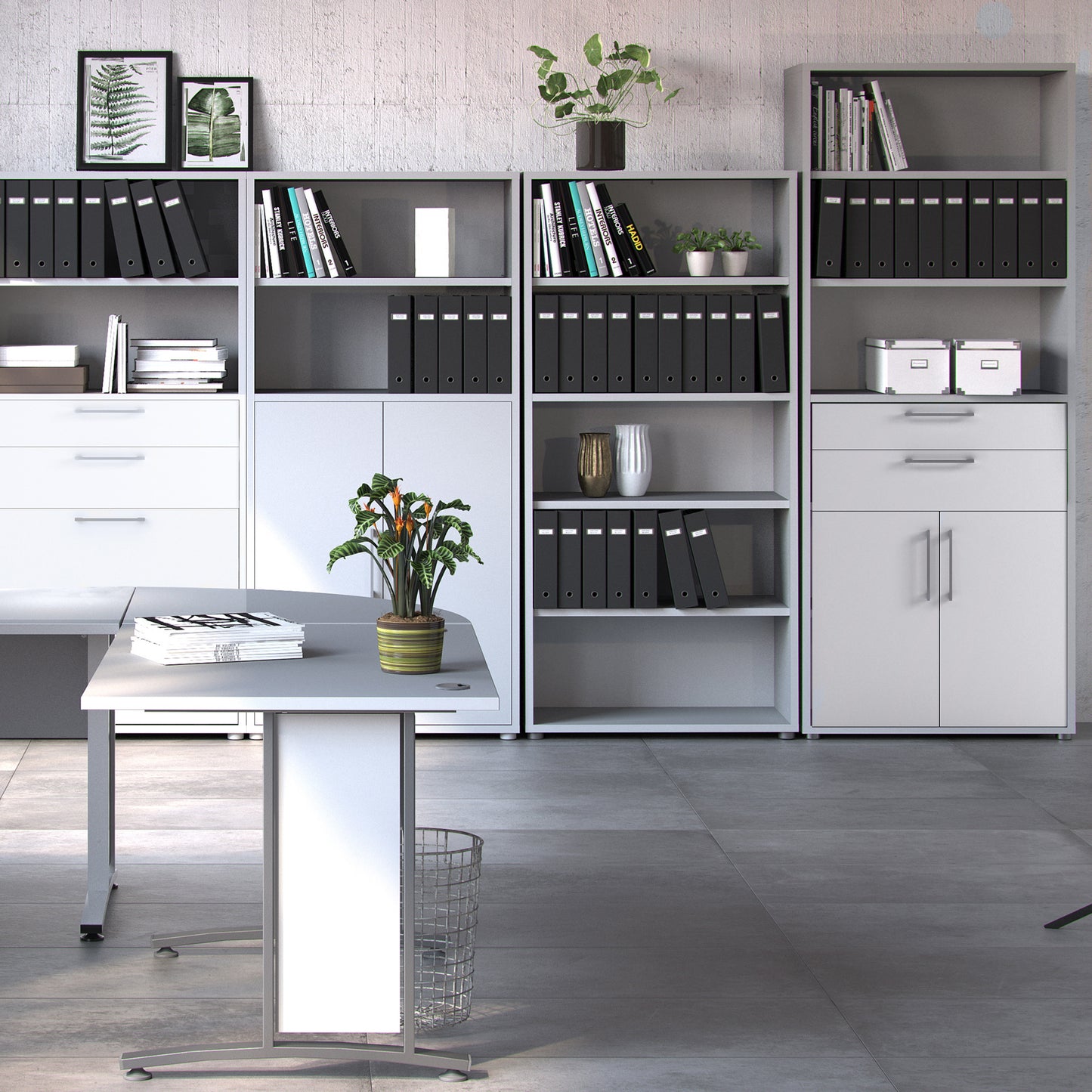 prima bookcase 3 shelves with 2 drawers 2 doors in white