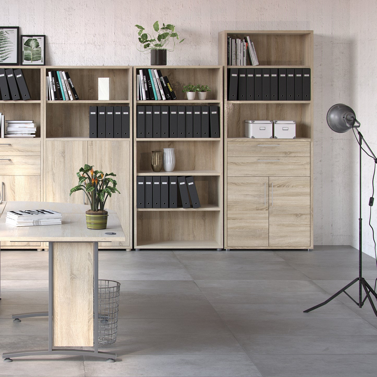 prima bookcase 3 shelves with 2 drawers 2 doors in oak