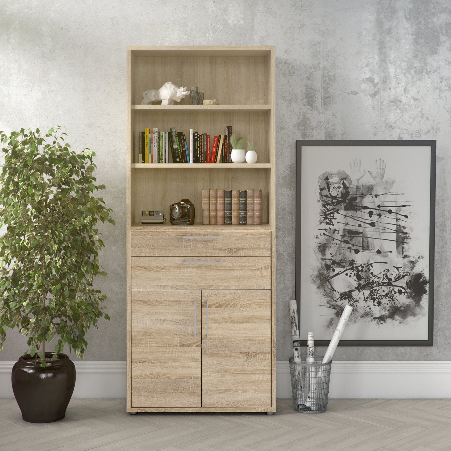 prima bookcase 3 shelves with 2 drawers 2 doors in oak