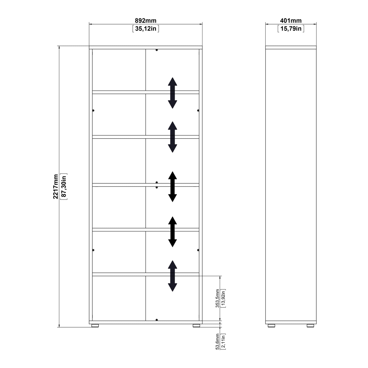 prima bookcase 5 shelves in white