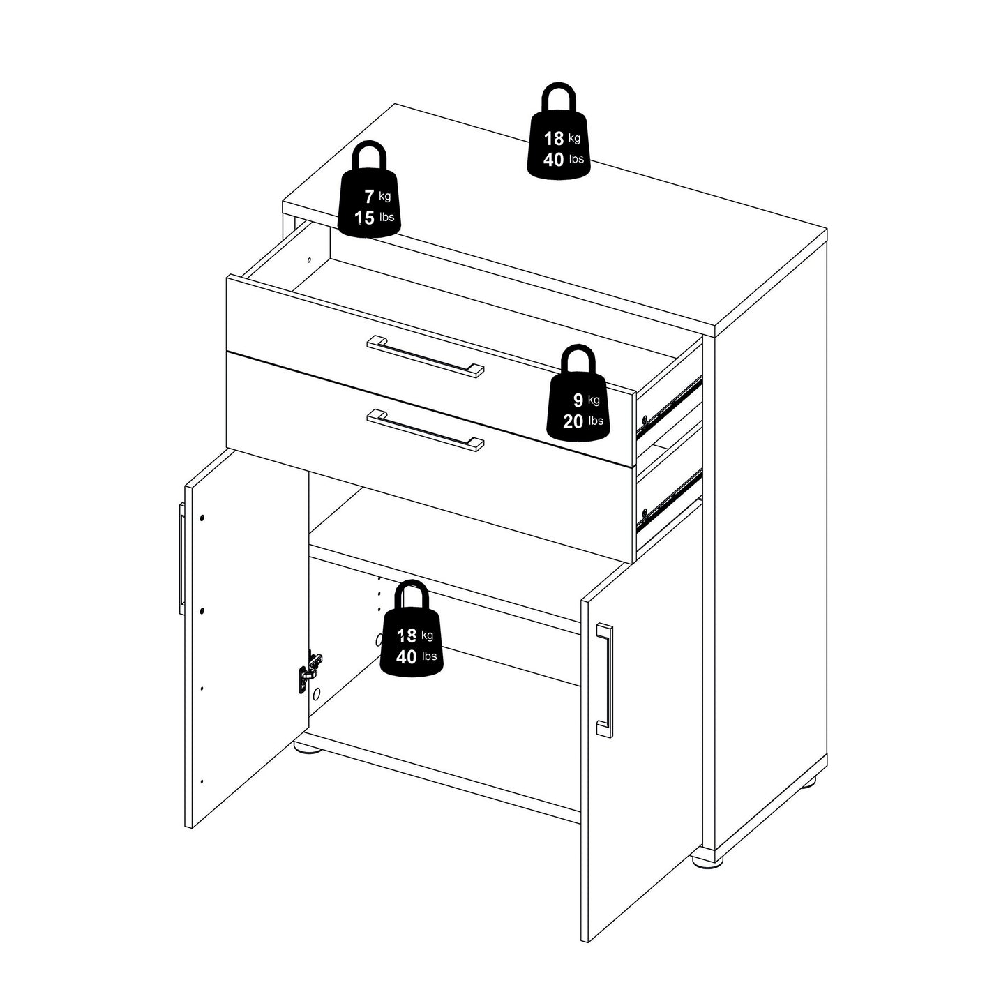 prima bookcase 1 shelf with 2 drawers 2 doors in white