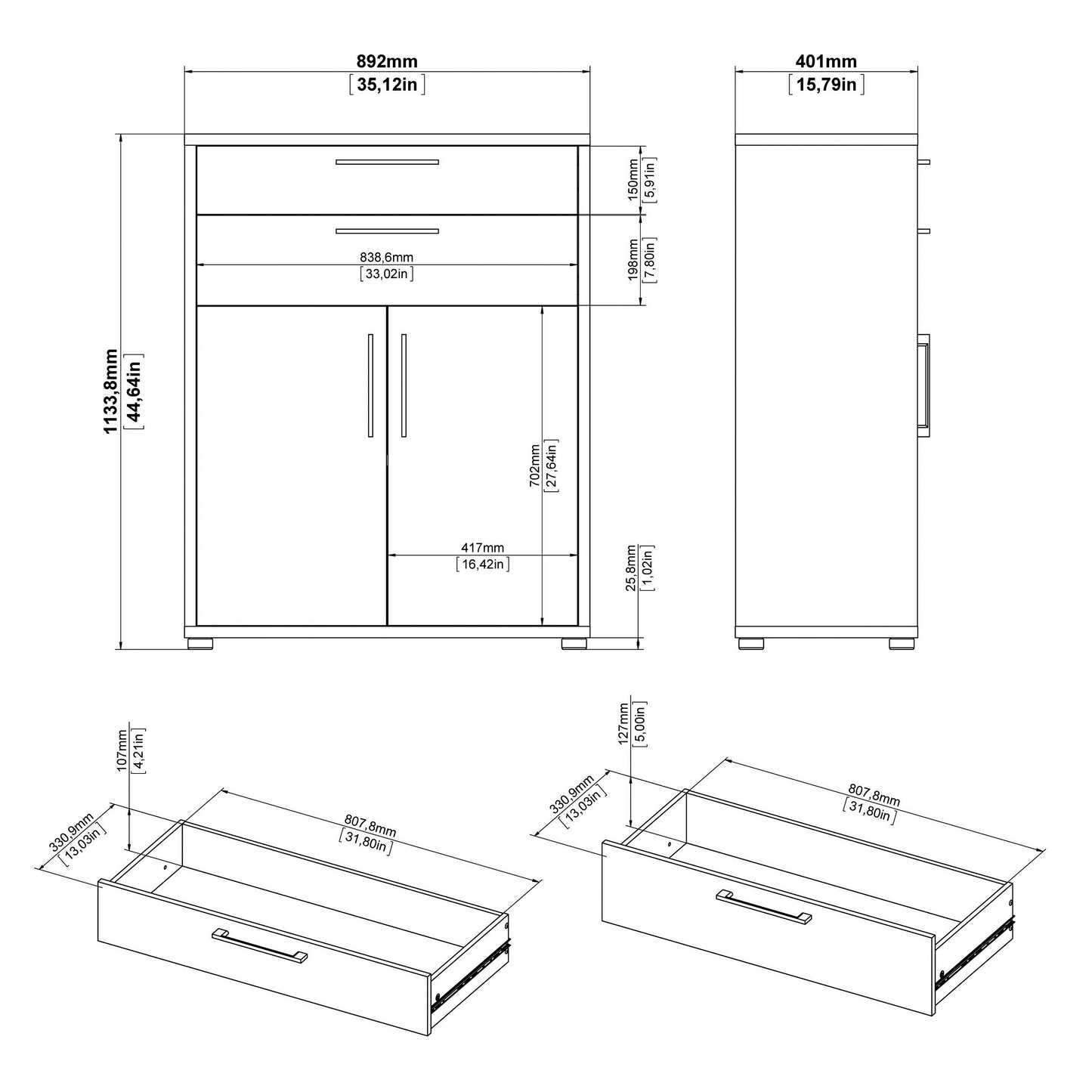 prima bookcase 1 shelf with 2 drawers 2 doors in white