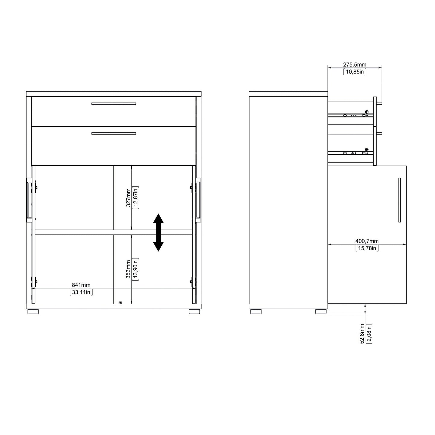 prima bookcase 1 shelf with 2 drawers 2 doors in white