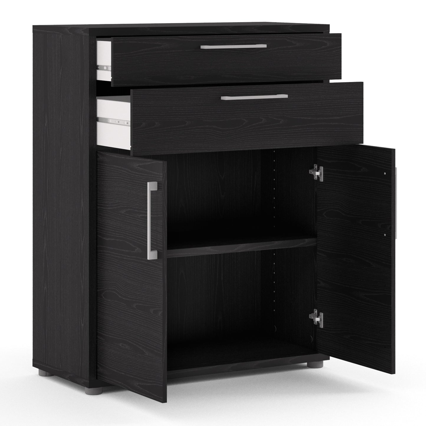 prima bookcase 1 shelf with 2 drawers 2 doors in black woodgrain