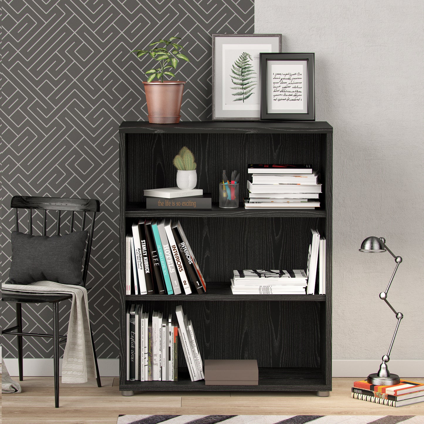 prima bookcase 2 shelves in black woodgrain