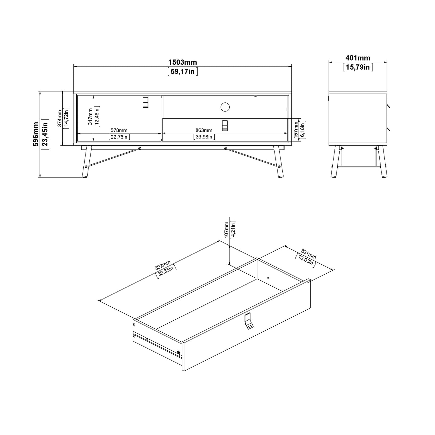 ry tv unit 1 door 1 drawer in matt black walnut