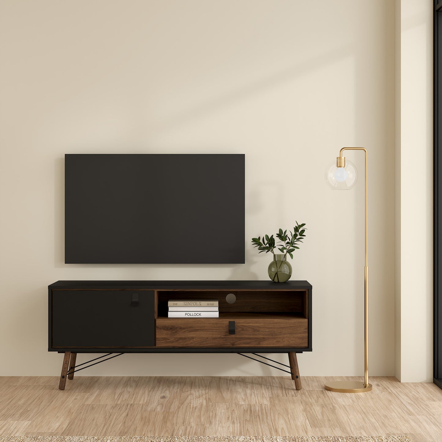 ry tv unit 1 door 1 drawer in matt black walnut