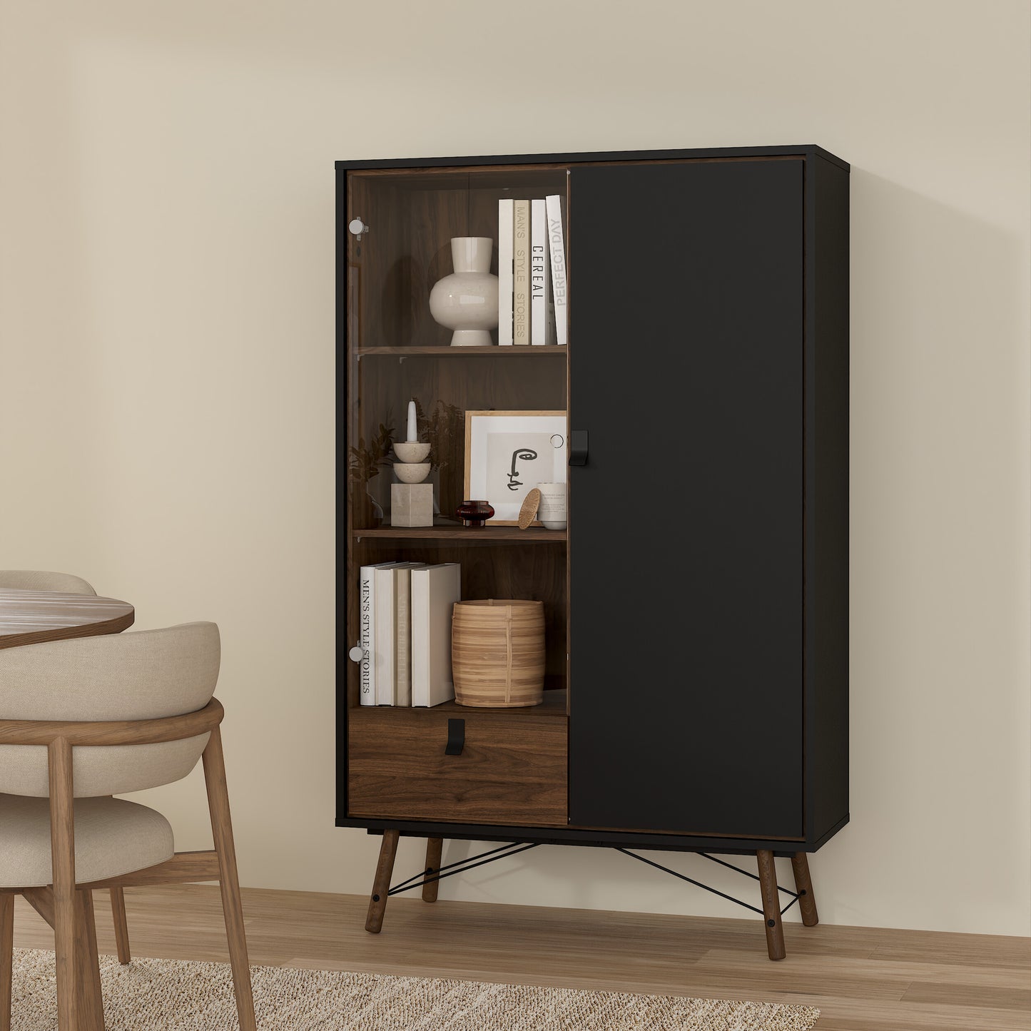 ry china cabinet 1 door 1 glass door 1 drawer in matt black walnut