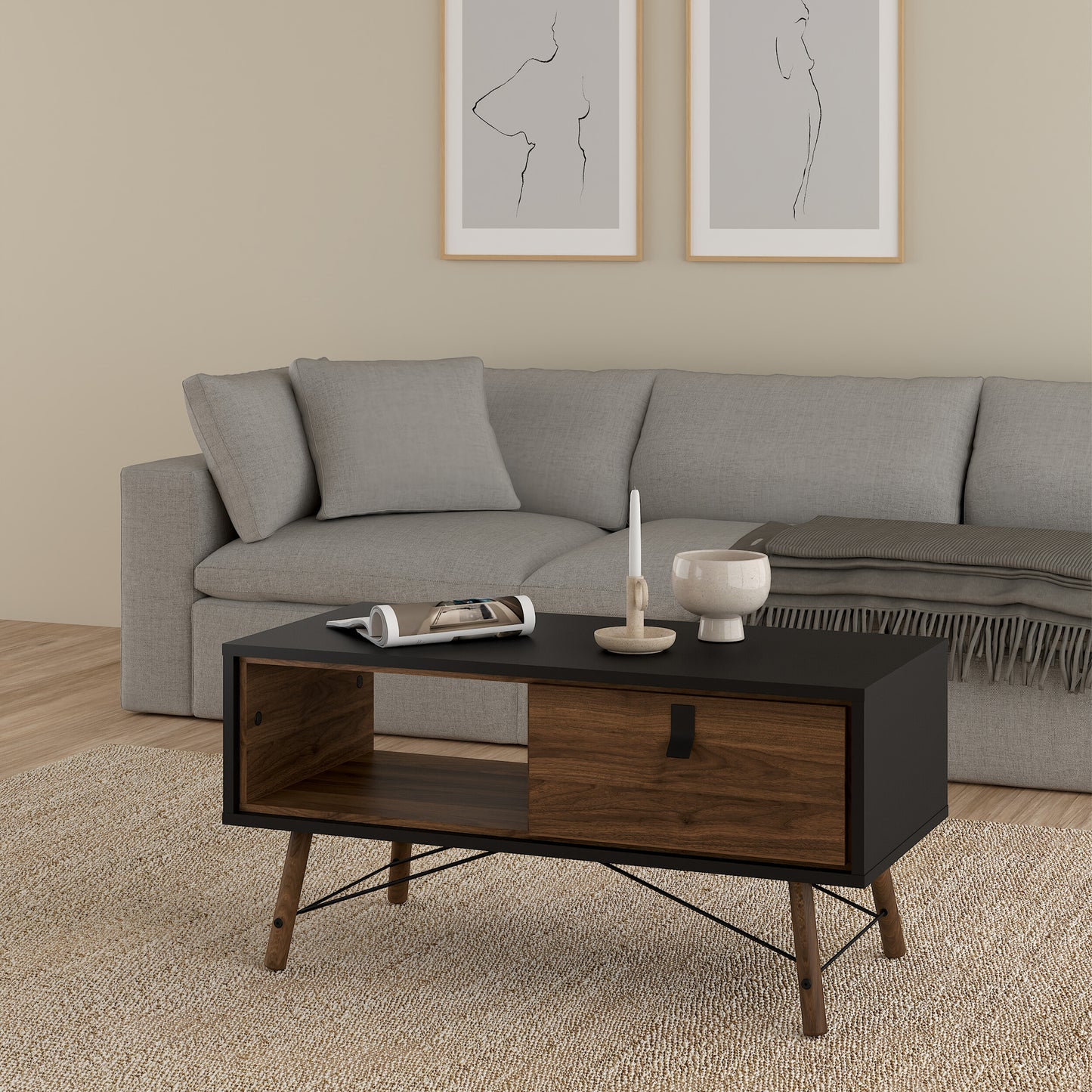 ry coffee table with 1 drawer in matt black walnut