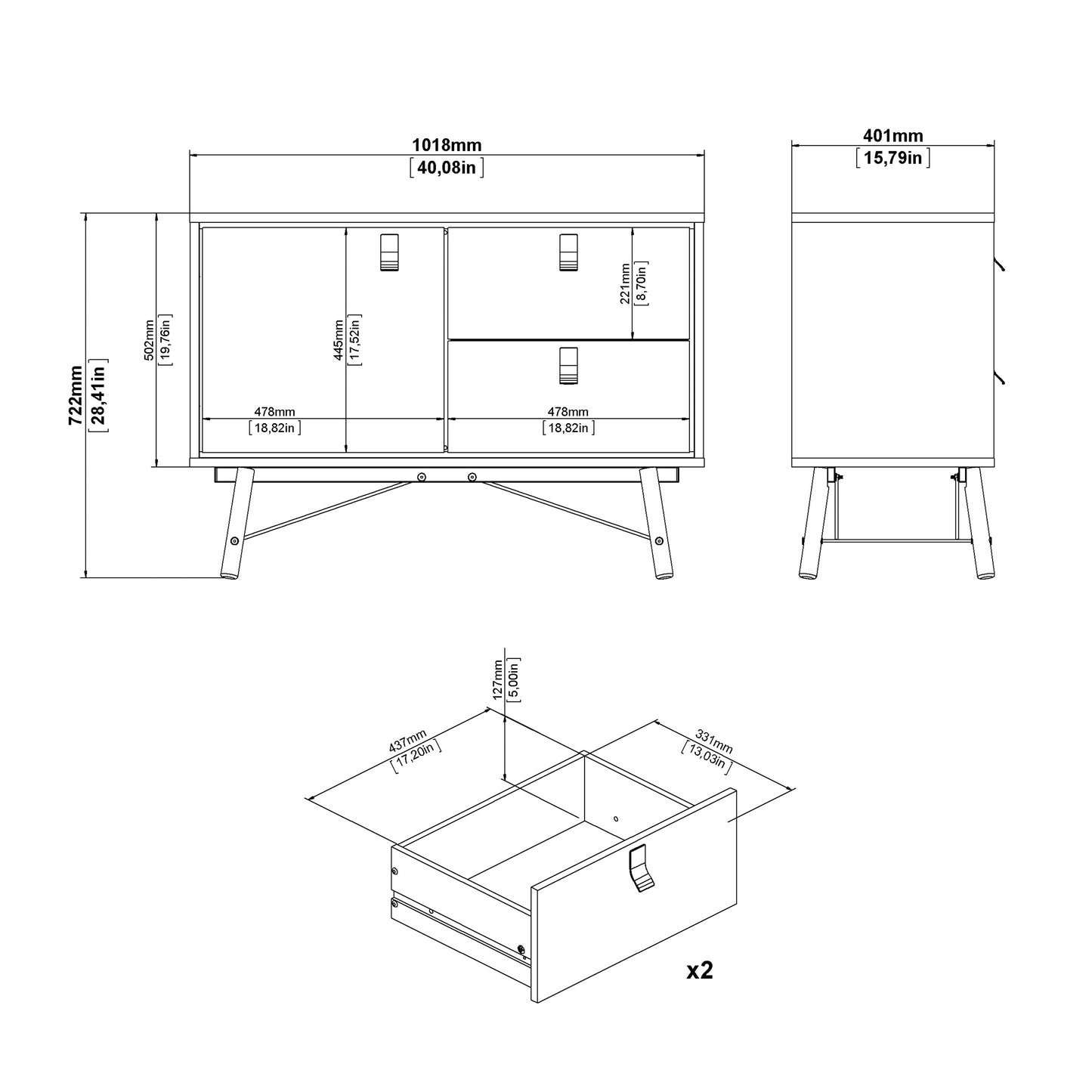ry sideboard with 1 door 2 drawers in matt white