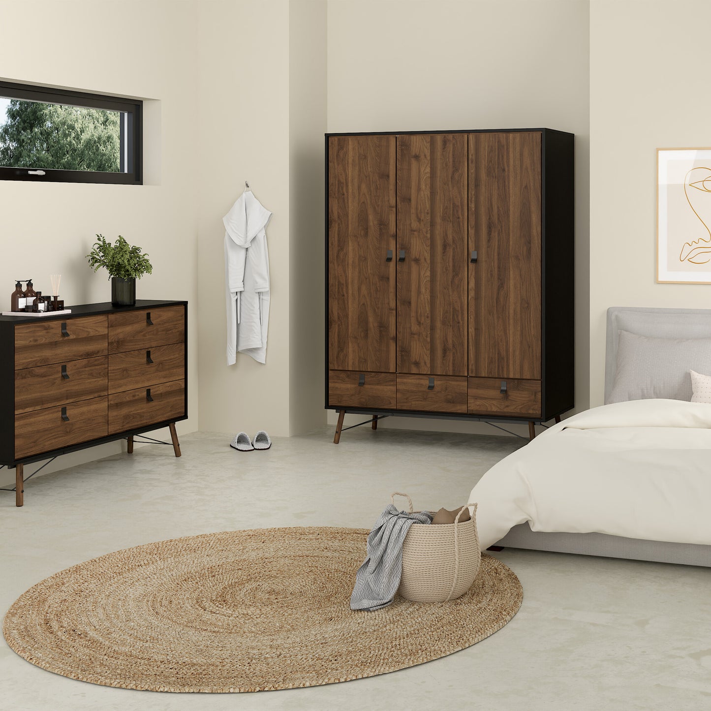 ry wardrobe 3 doors 3 drawers in matt black walnut