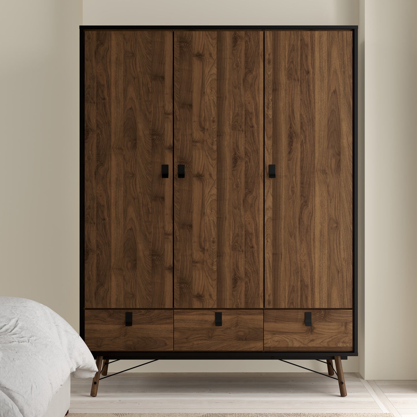 ry wardrobe 3 doors 3 drawers in matt black walnut