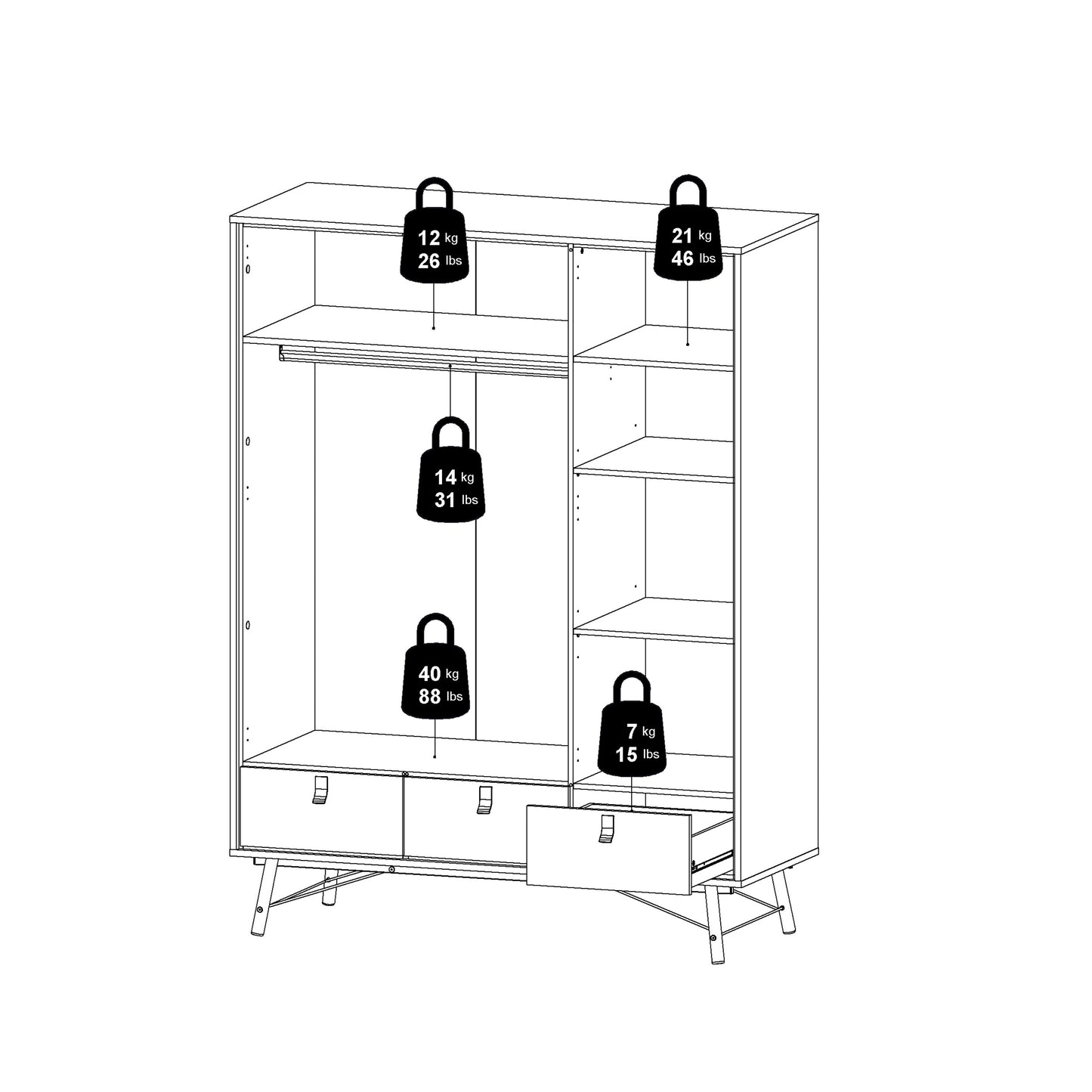ry wardrobe 3 doors 3 drawers in matt white