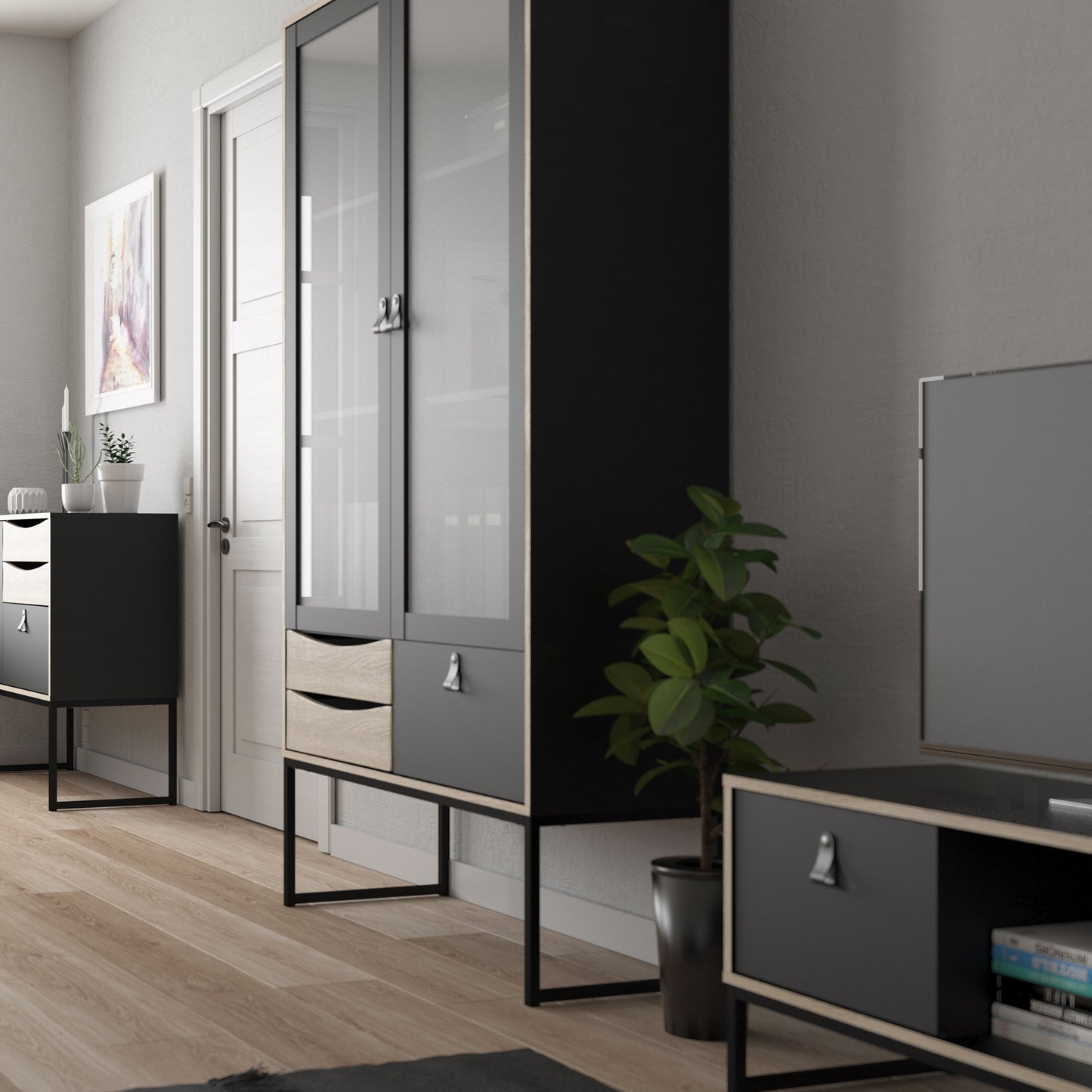 stubbe tv unit 1 door 2 drawers and open shelf in matt black oak