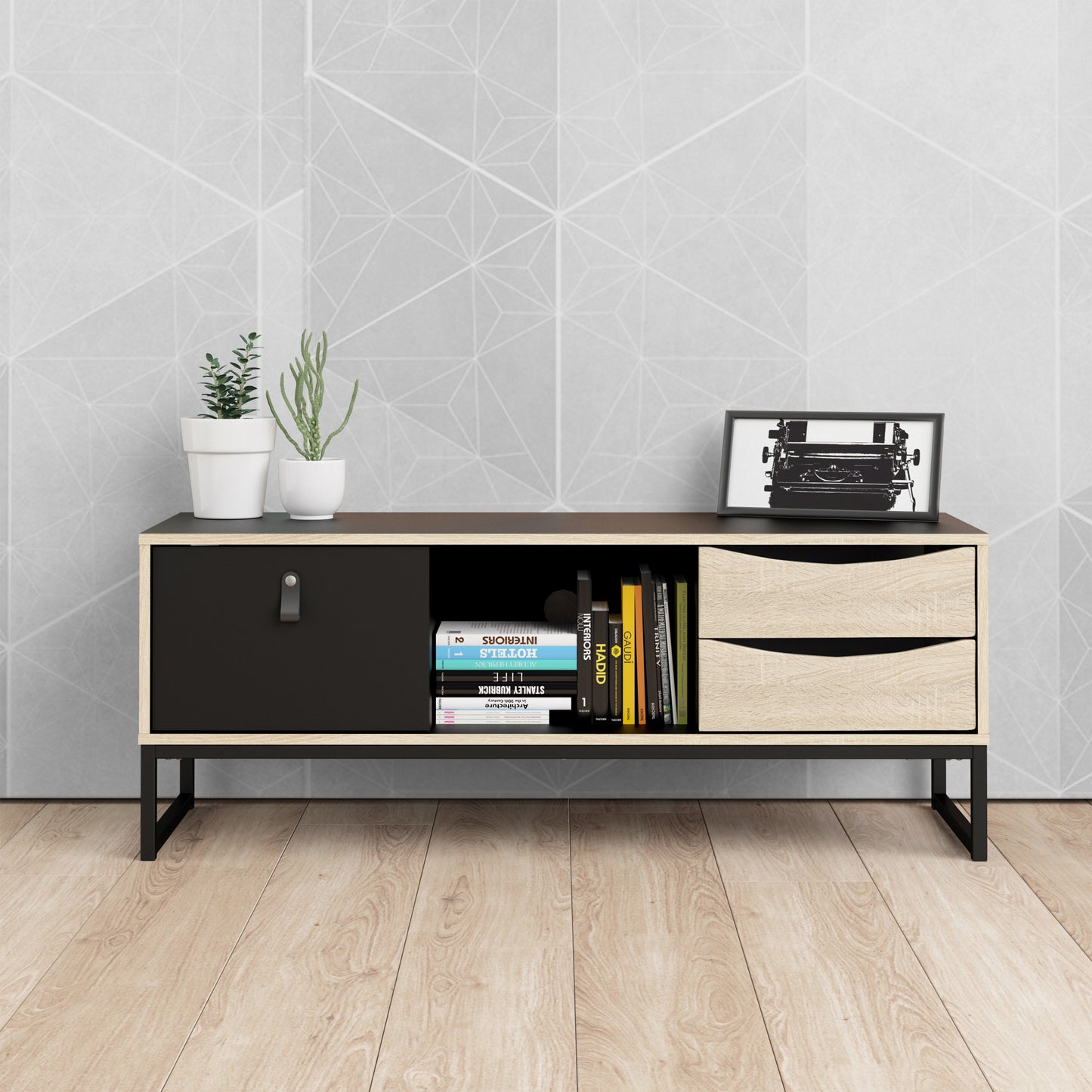 stubbe tv unit 1 door 2 drawers and open shelf in matt black oak