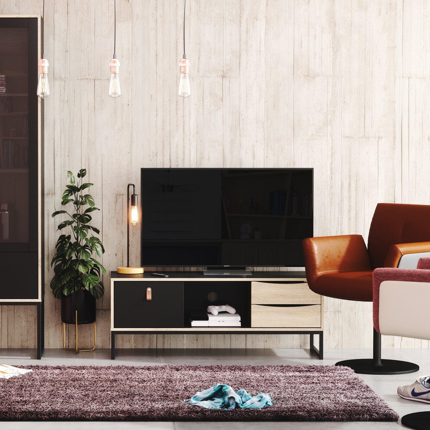 stubbe tv unit 1 door 2 drawers and open shelf in matt black oak