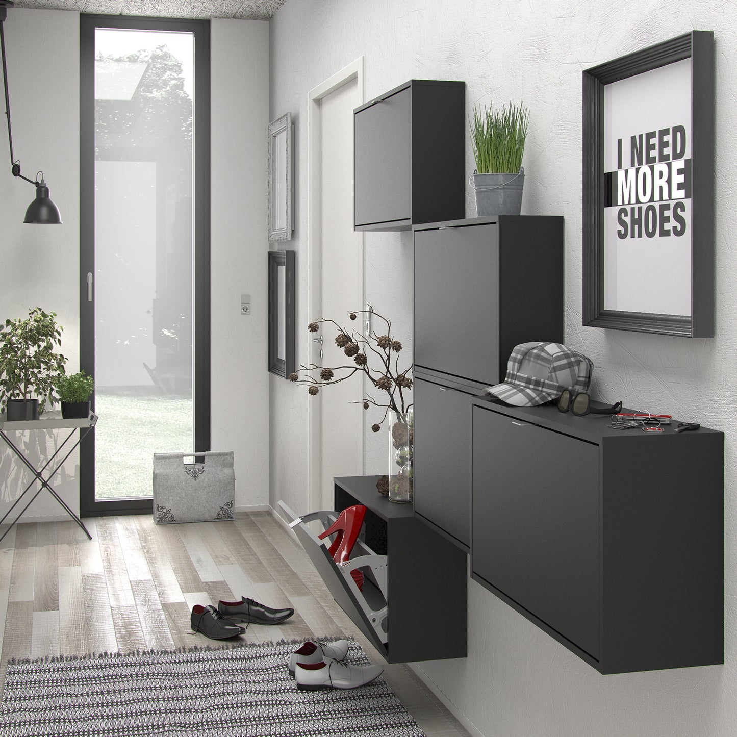 shoes shoe cabinet 3 flip down doors and 1 layer in matt black