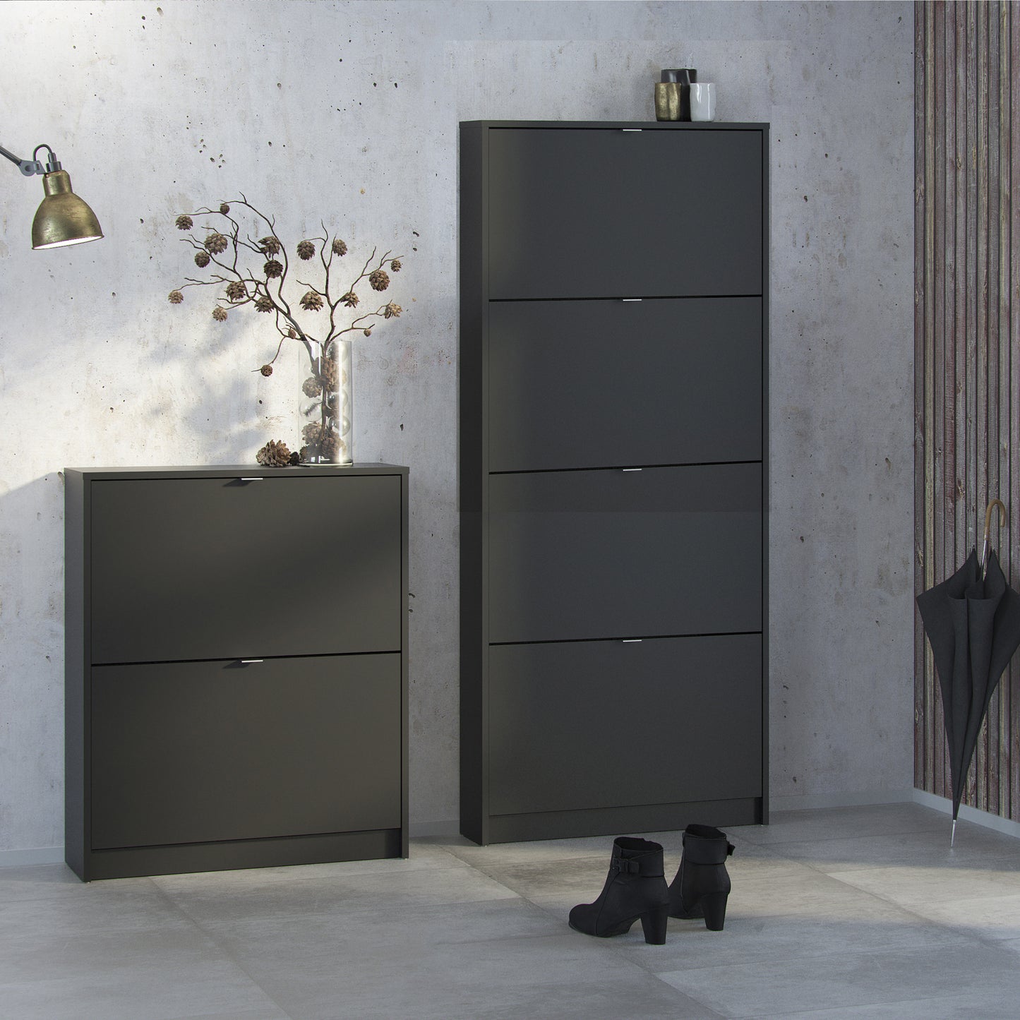 shoes shoe cabinet 4 flip down doors and 1 layer in matt black