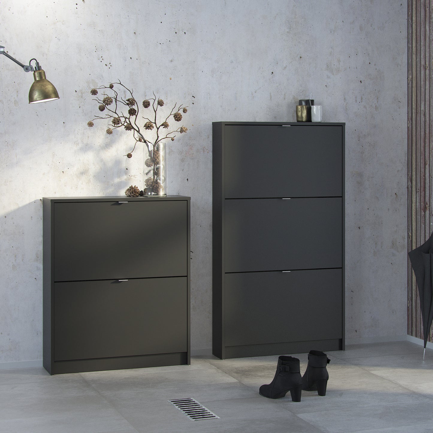 shoes shoe cabinet 2 flip down doors and 2 layers in matt black