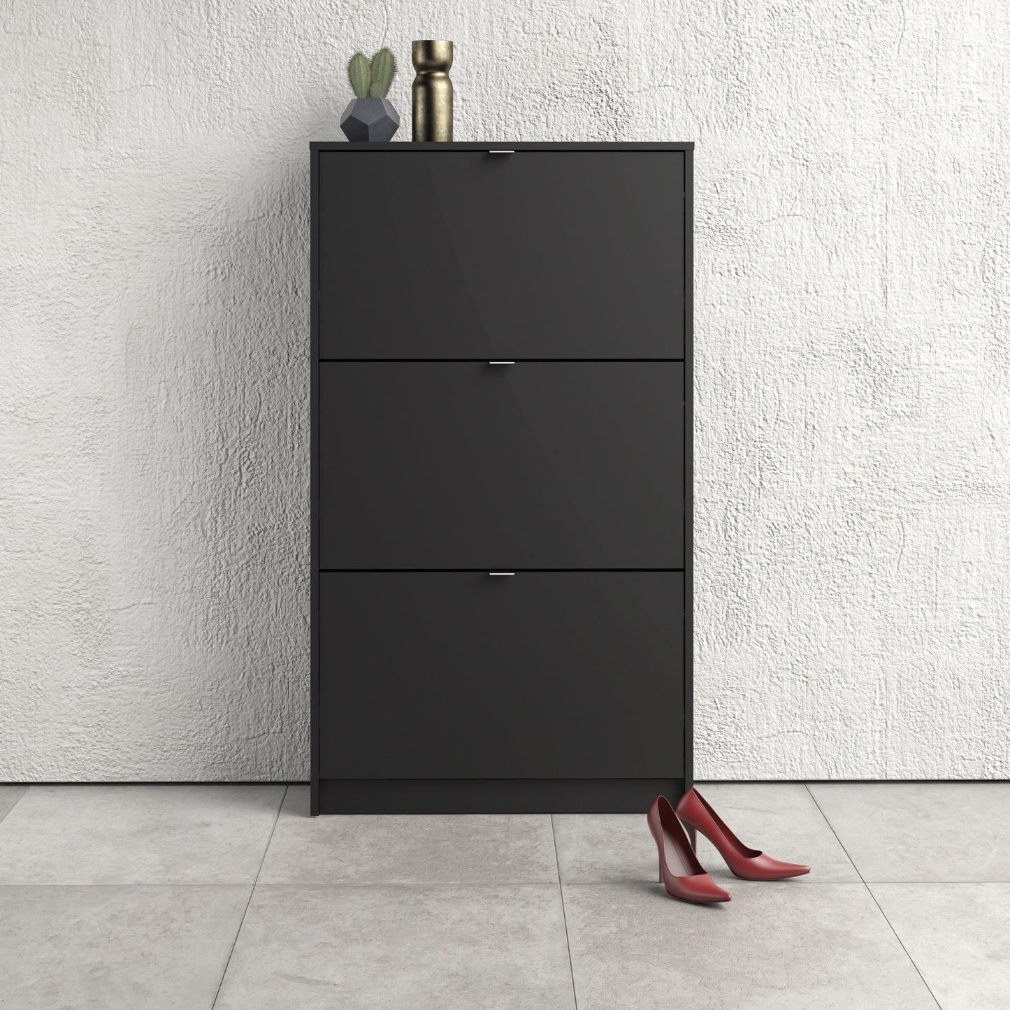 shoes shoe cabinet 3 flip down doors and 2 layers in matt black