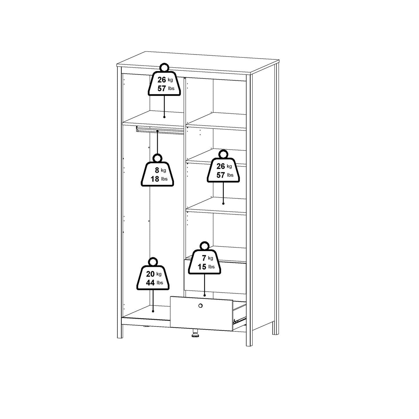 barcelona wardrobe with 1 door 1 mirror door 2 drawers in white