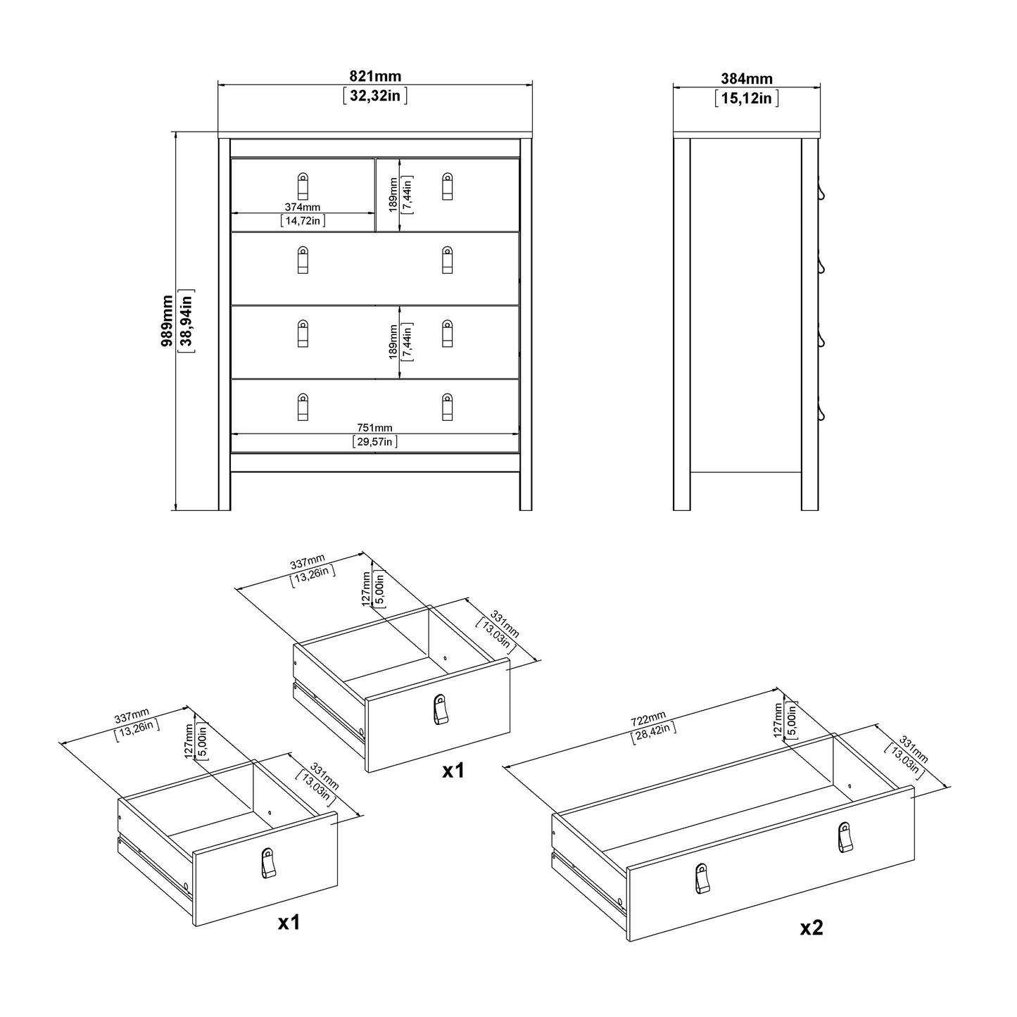 barcelona chest 3+2 drawers in white