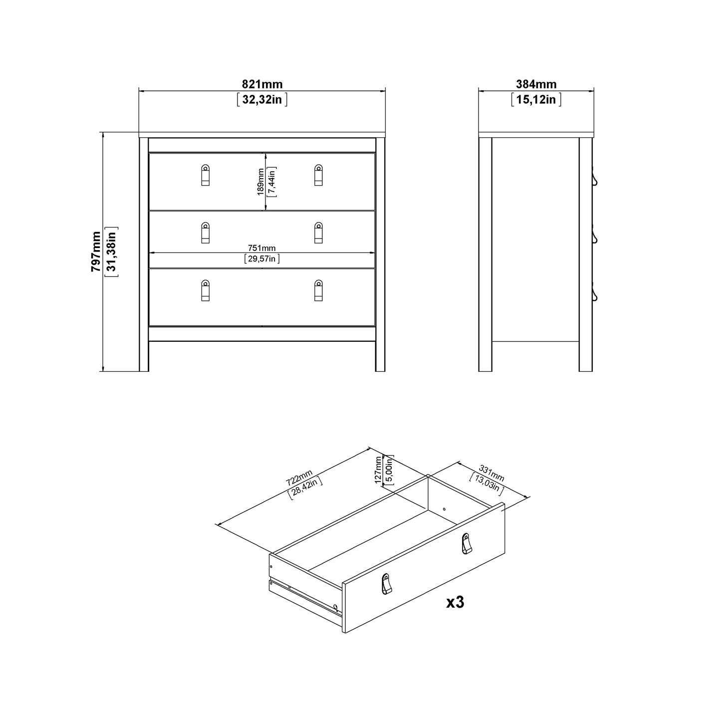 barcelona chest 3 drawers in white