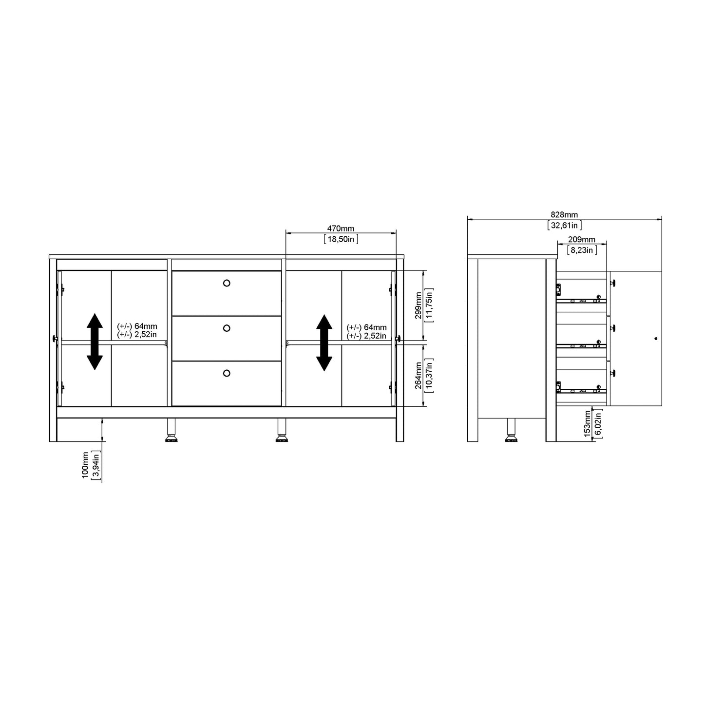 barcelona sideboard 2 doors 3 drawers in white