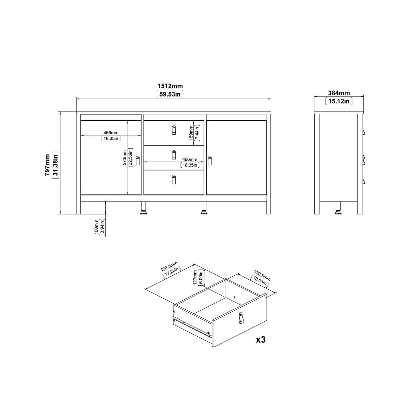 barcelona sideboard 2 doors 3 drawers in white