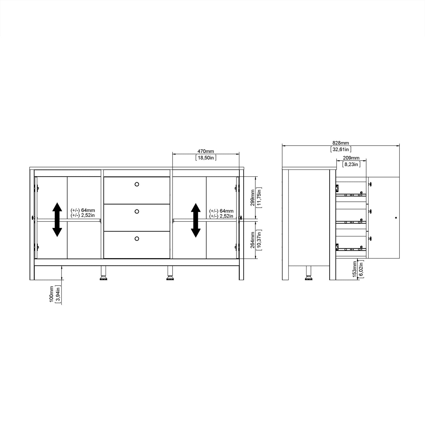 barcelona sideboard 2 doors 3 drawers in matt black