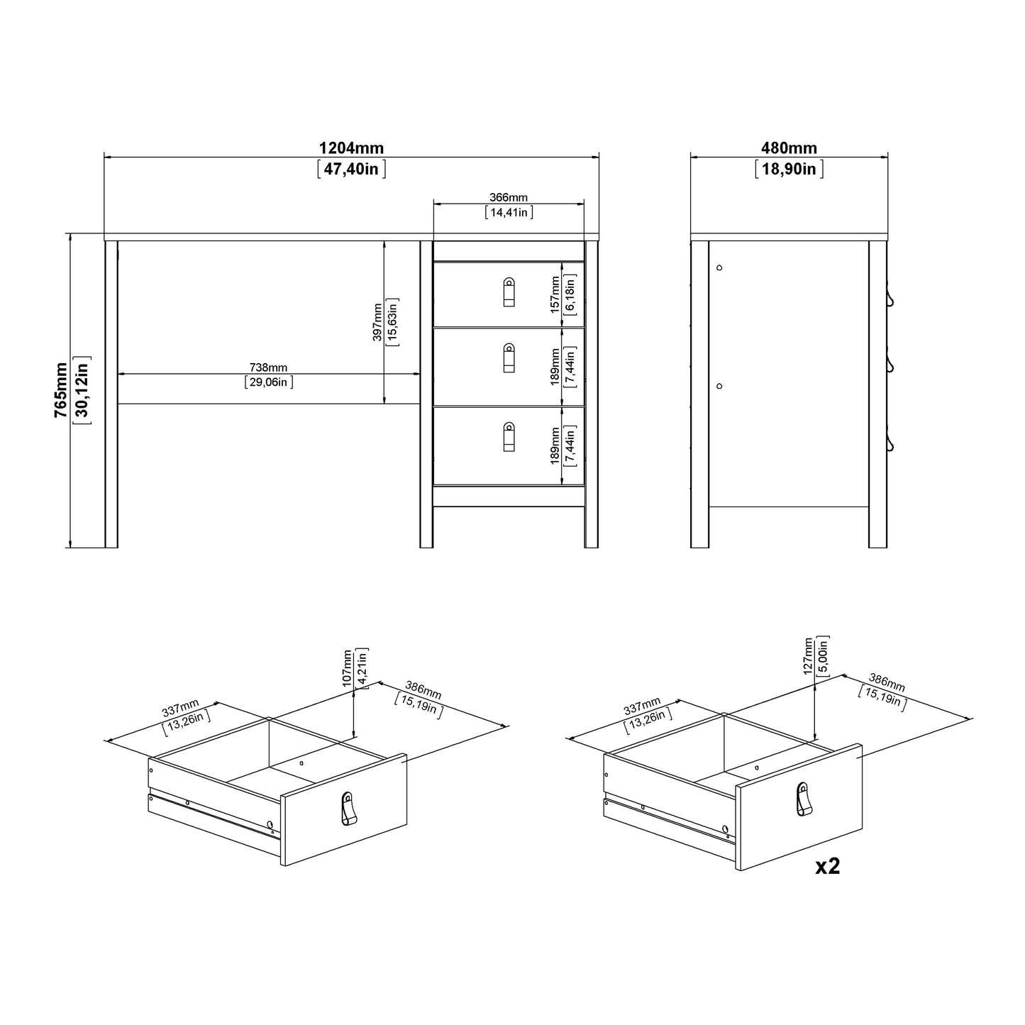 barcelona desk 3 drawers in white
