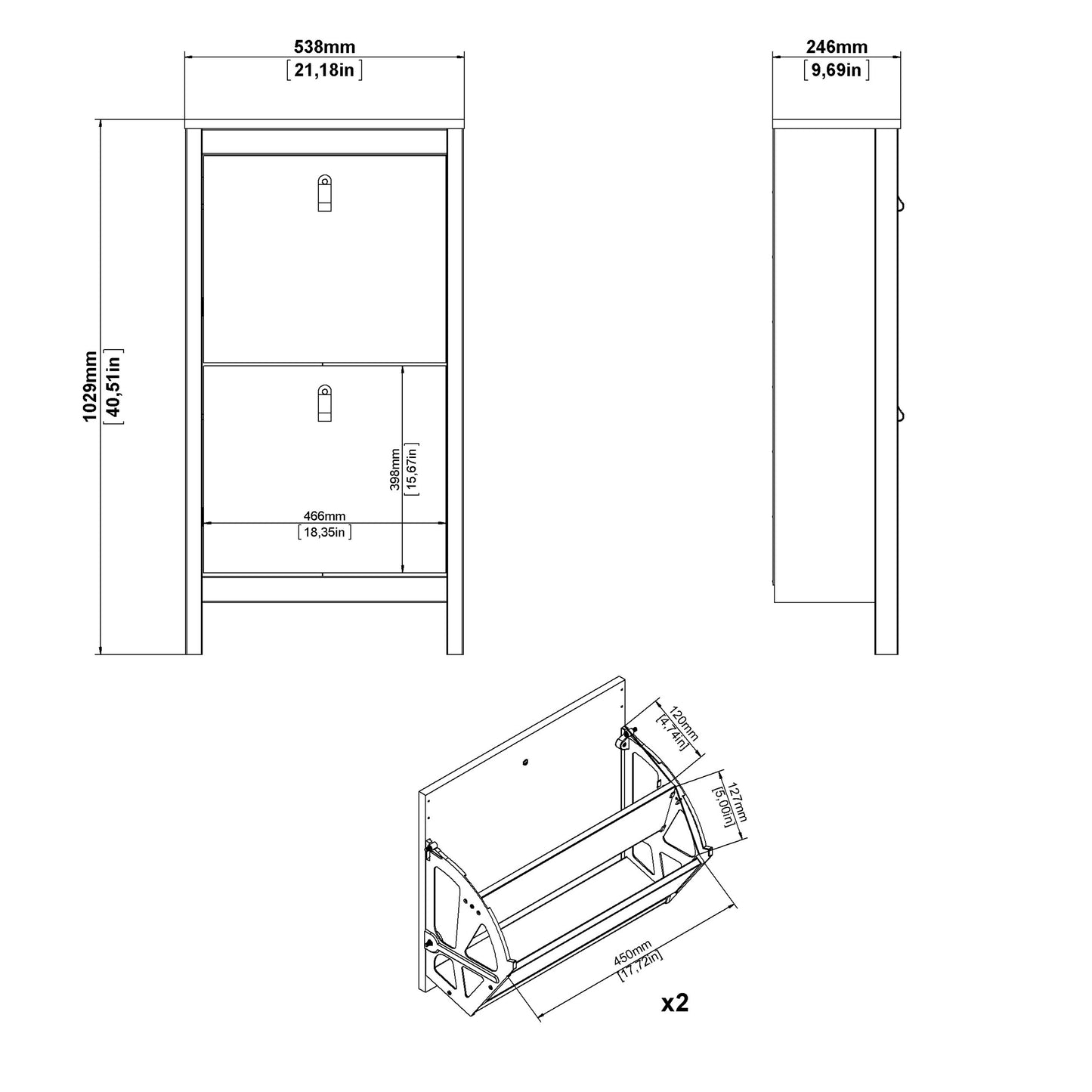 barcelona shoe cabinet 2 flip down doors in white