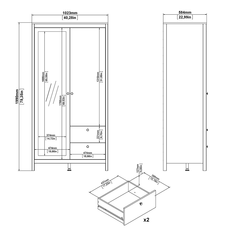 madrid wardrobe with 1 door 1 mirror door 2 drawers white