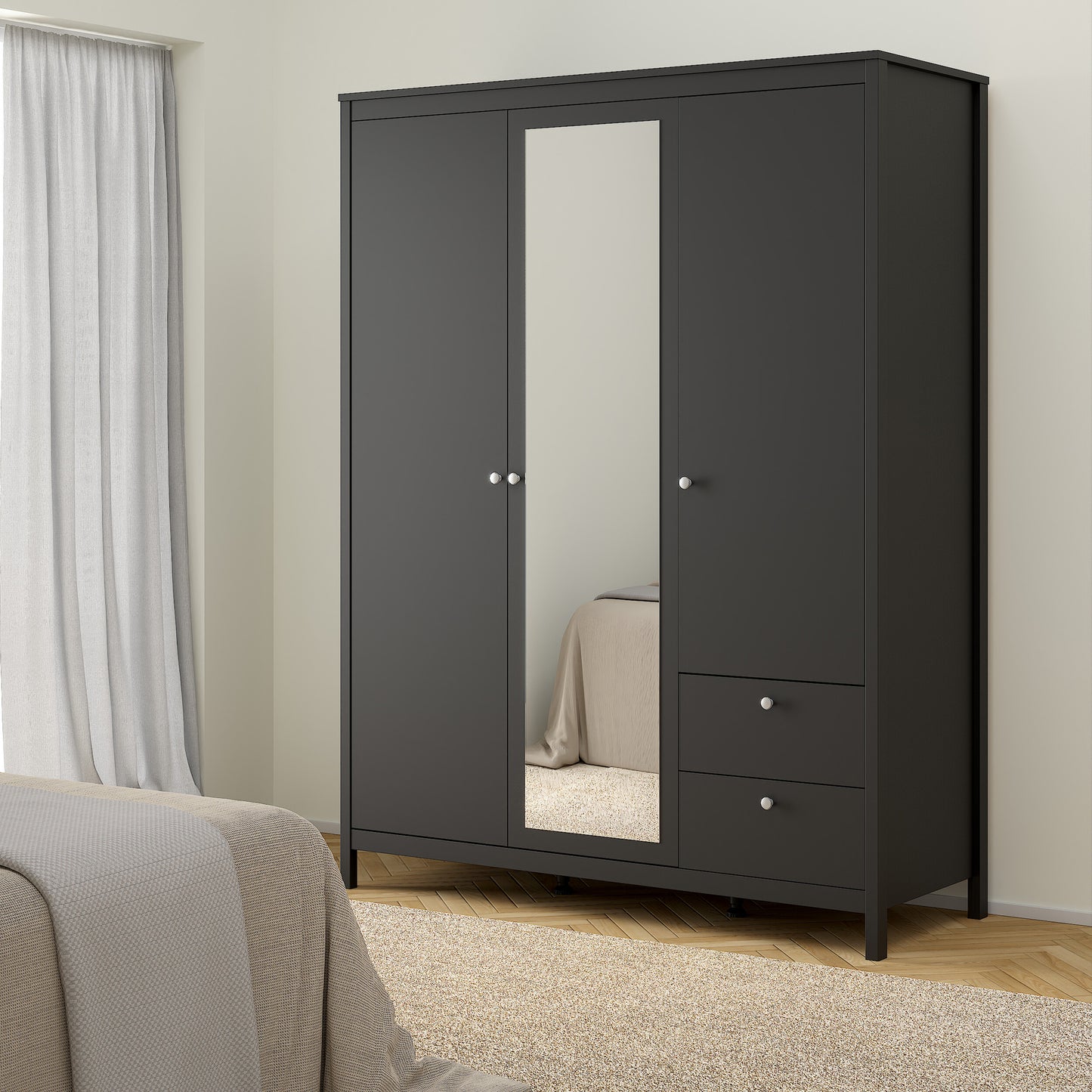 madrid wardrobe with 2 doors 1 mirror door 2 drawers matt black