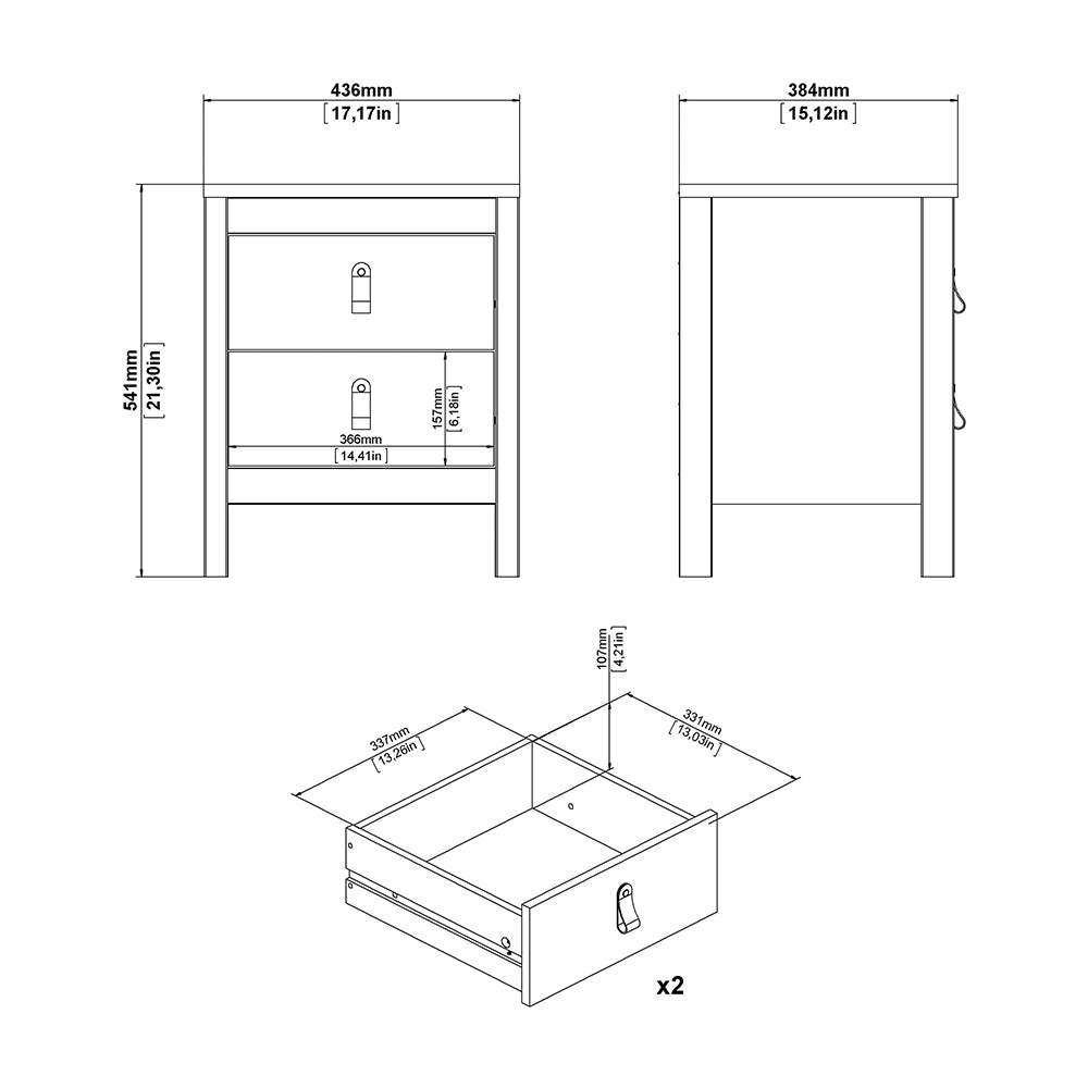 madrid bedside table 2 drawers in white