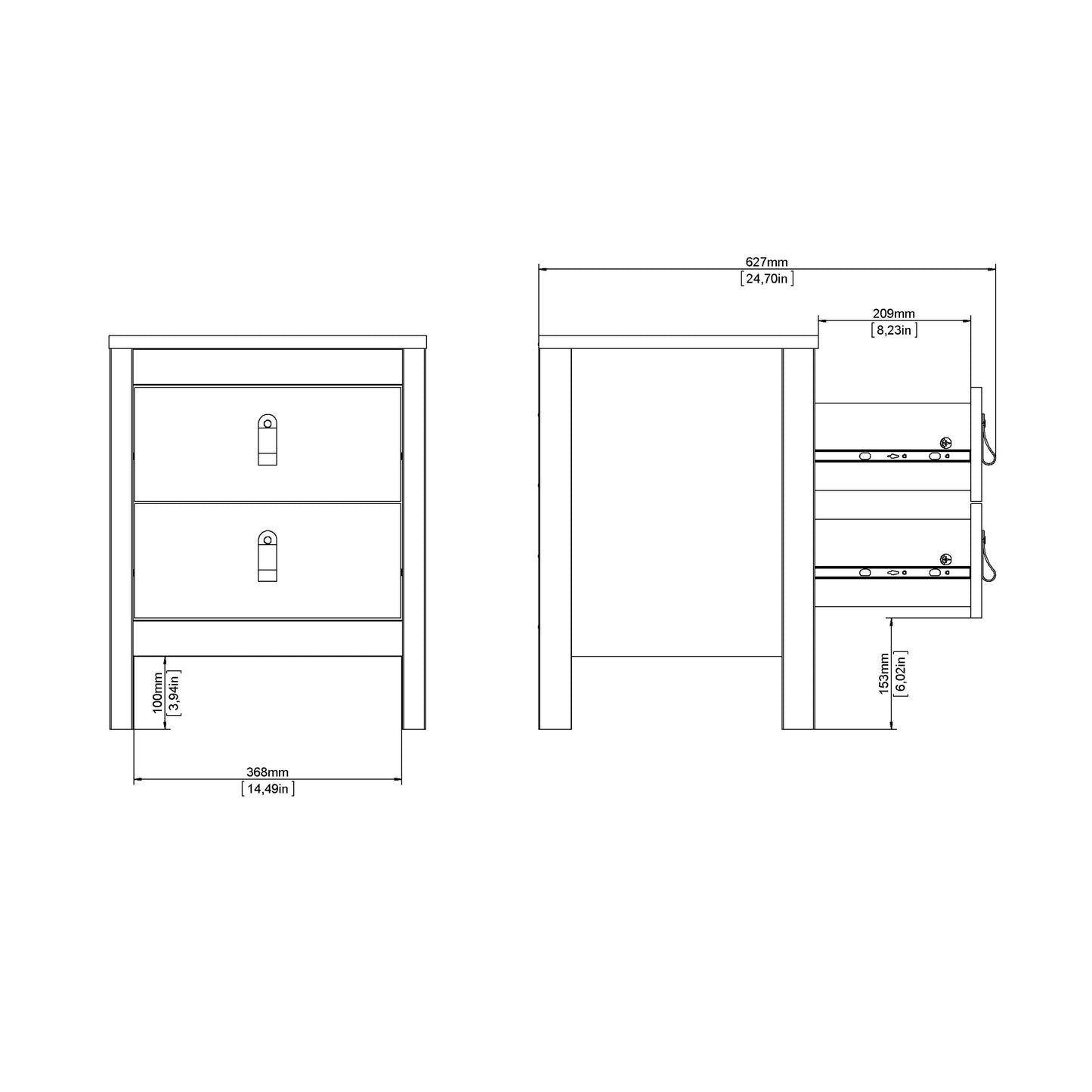 madrid bedside table 2 drawers in white
